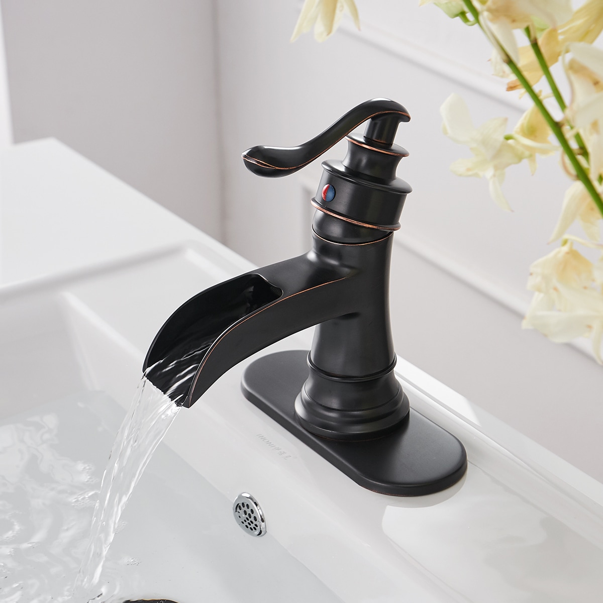 Oil Rubbed Bronze Single Handle Waterfall Bathroom Faucet with Pop-up Drain