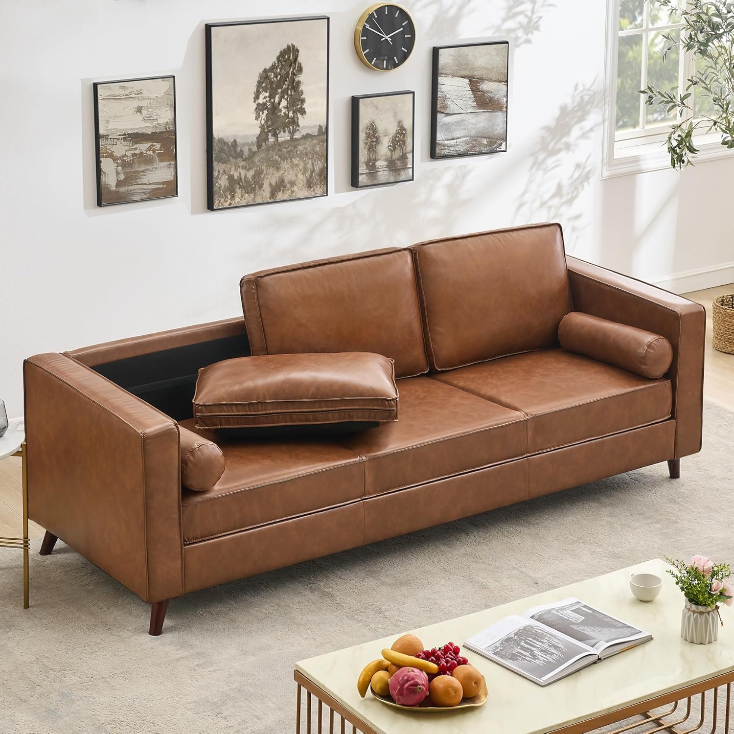 Qeetex 81 inch Mid Century Modern PU Leather Sofa Deep Seat 3