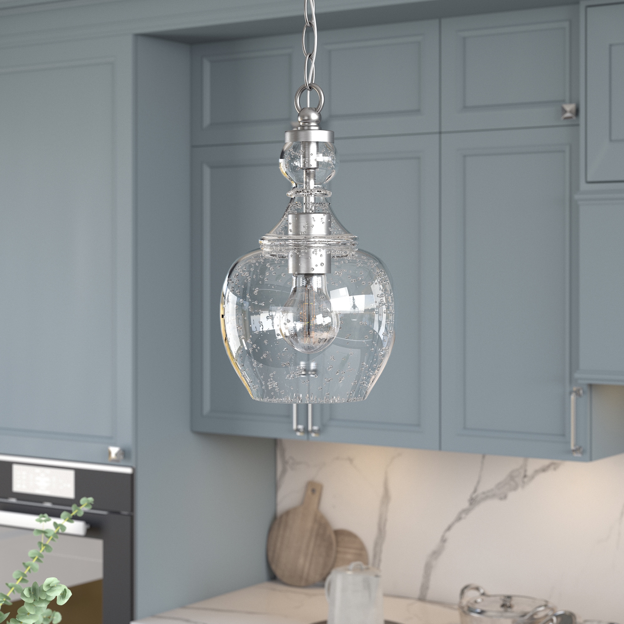 Hailey Home PD1078 Verona Brushed Nickel Transitional Seeded glass Drum Mini Hanging Pendant light