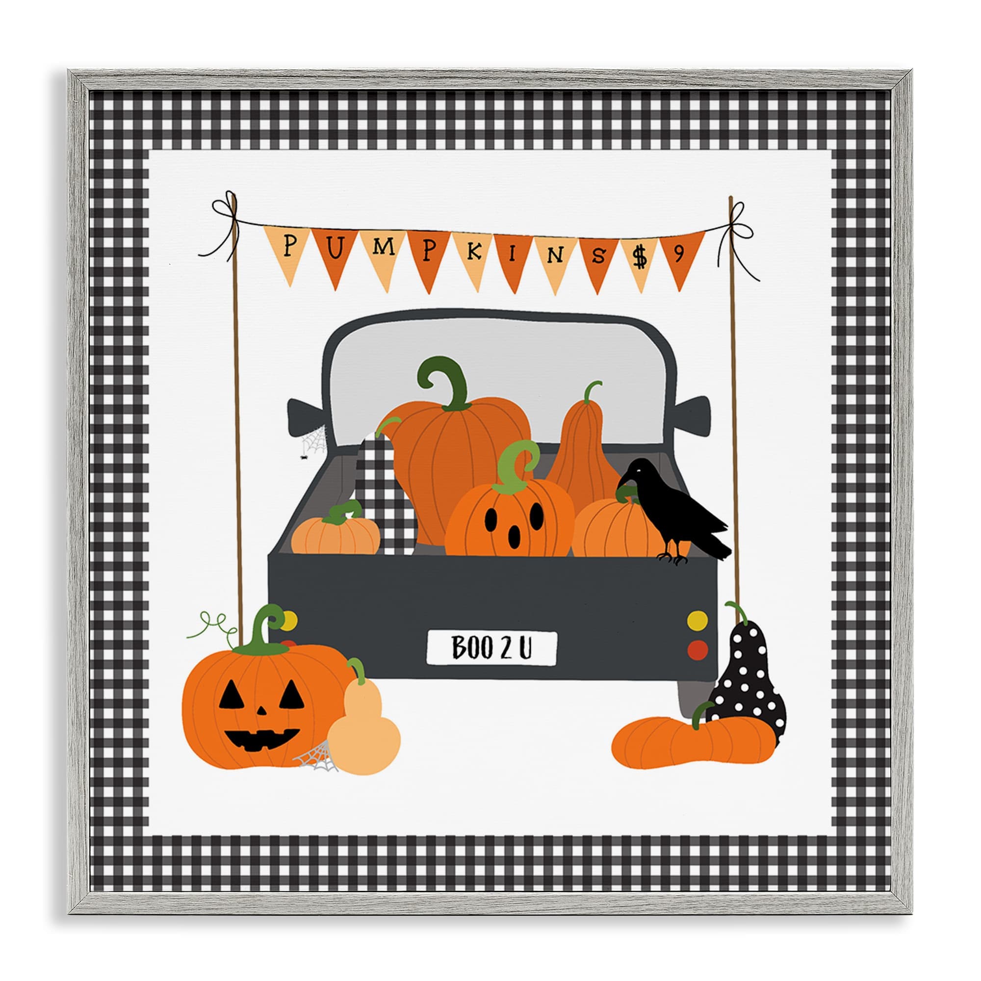 Stupell Industries BT-495-GFF-17X17 Pumpkin Truck with Gingham Border Gray Framed Giclee Art By Sazerelli Designs 17 x 17