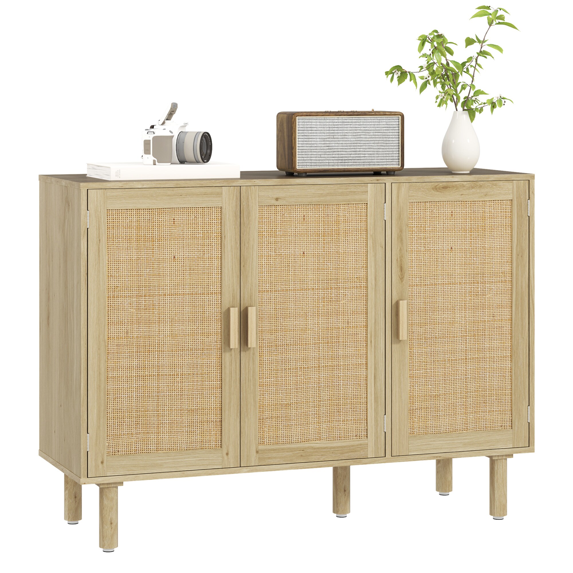 HomCom 83B-204V81AK Bohemian Sideboard  46.9  Buffet Cabinet with 3 Rattan Doors  Coffee Bar Cabinet with Shelves for Living Room  Hallway  Natural