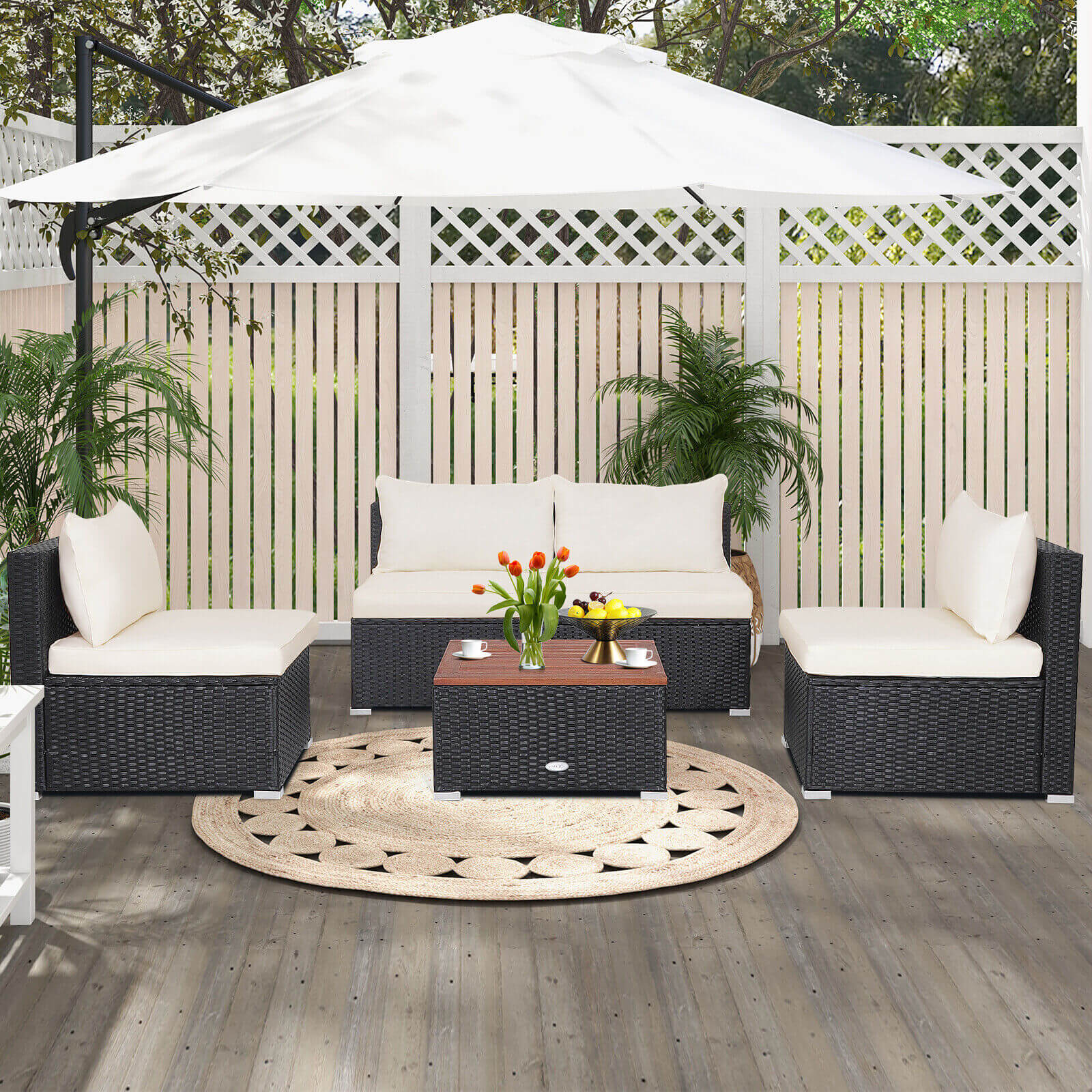 Forclover HBV-9931 5 -Piece Rattan Patio Conversation Set with White Cushions