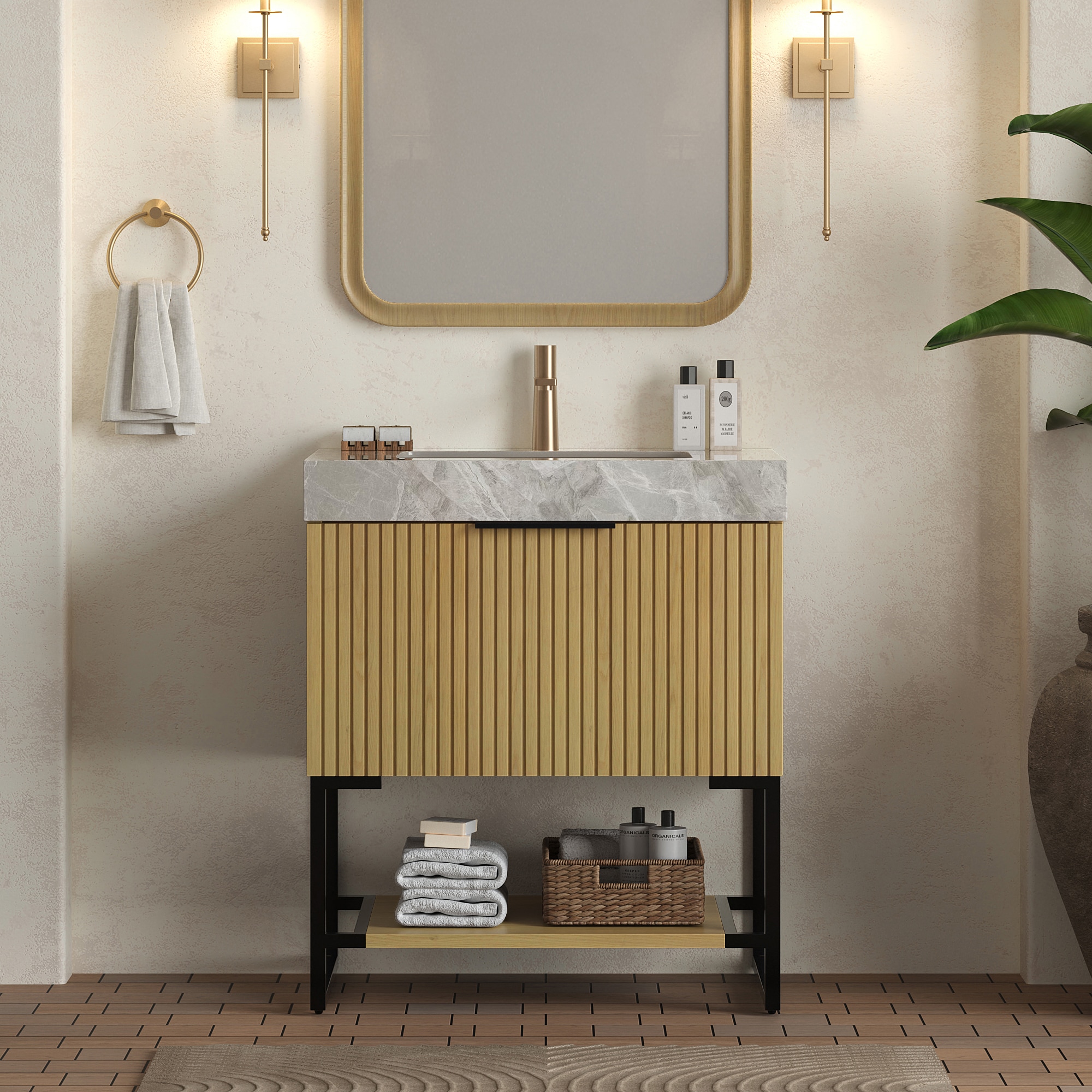 Tahanbath 30 Inch Freestanding Striped Plywood Bathroom Vanity with Sink with Drawer and Open Shelf Light Gray Sintered Stone Top and Undermount Ceramic Basin Pre assembled Corolla Oak Woodgrain Color