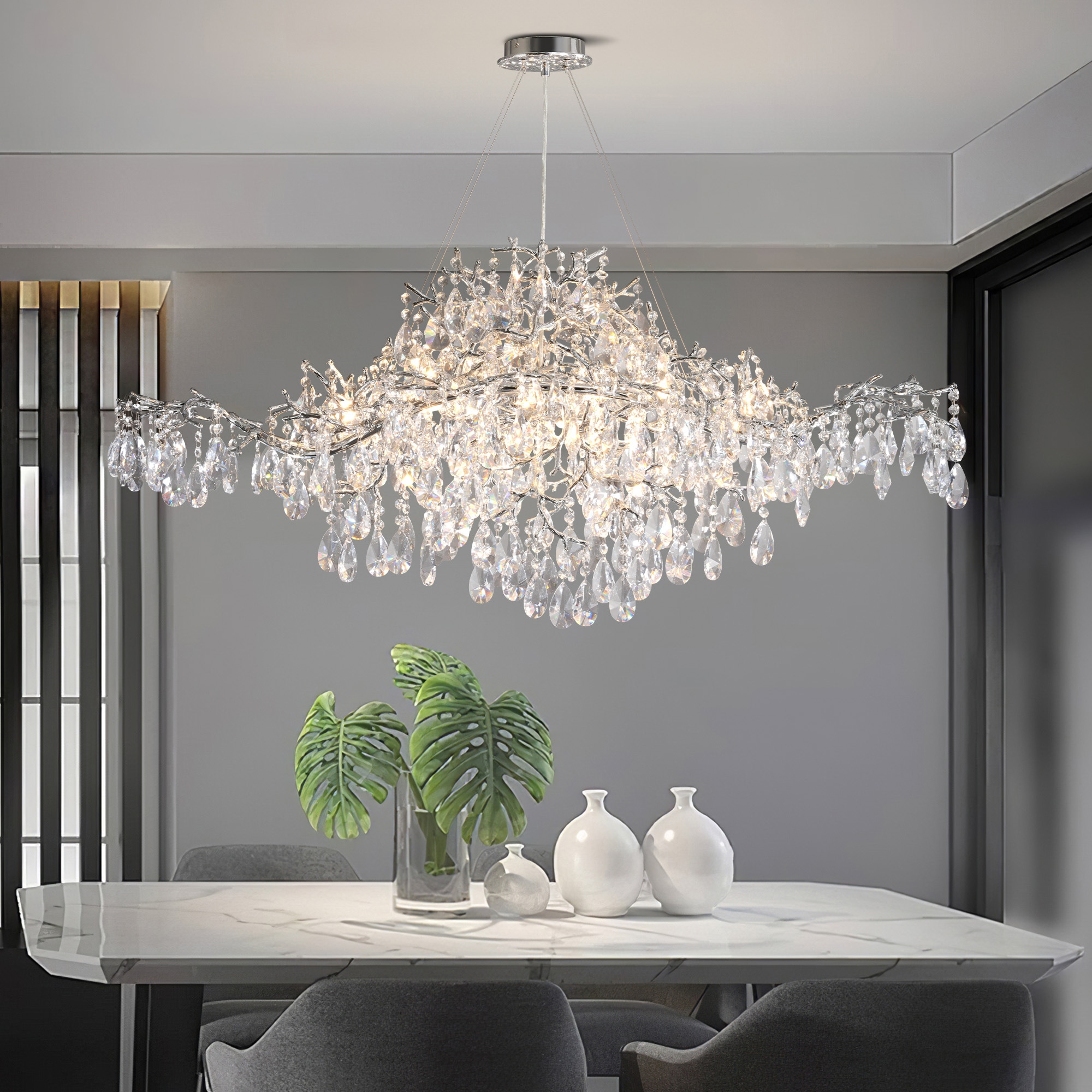 Gleam Flare 47in Silver Tree Branch Chandelier 14 Lights Modern Rectangular Crystal Chandelier Chandelier for Dining Room Kitchen Island Living Room Foyer Entryway Bedroom