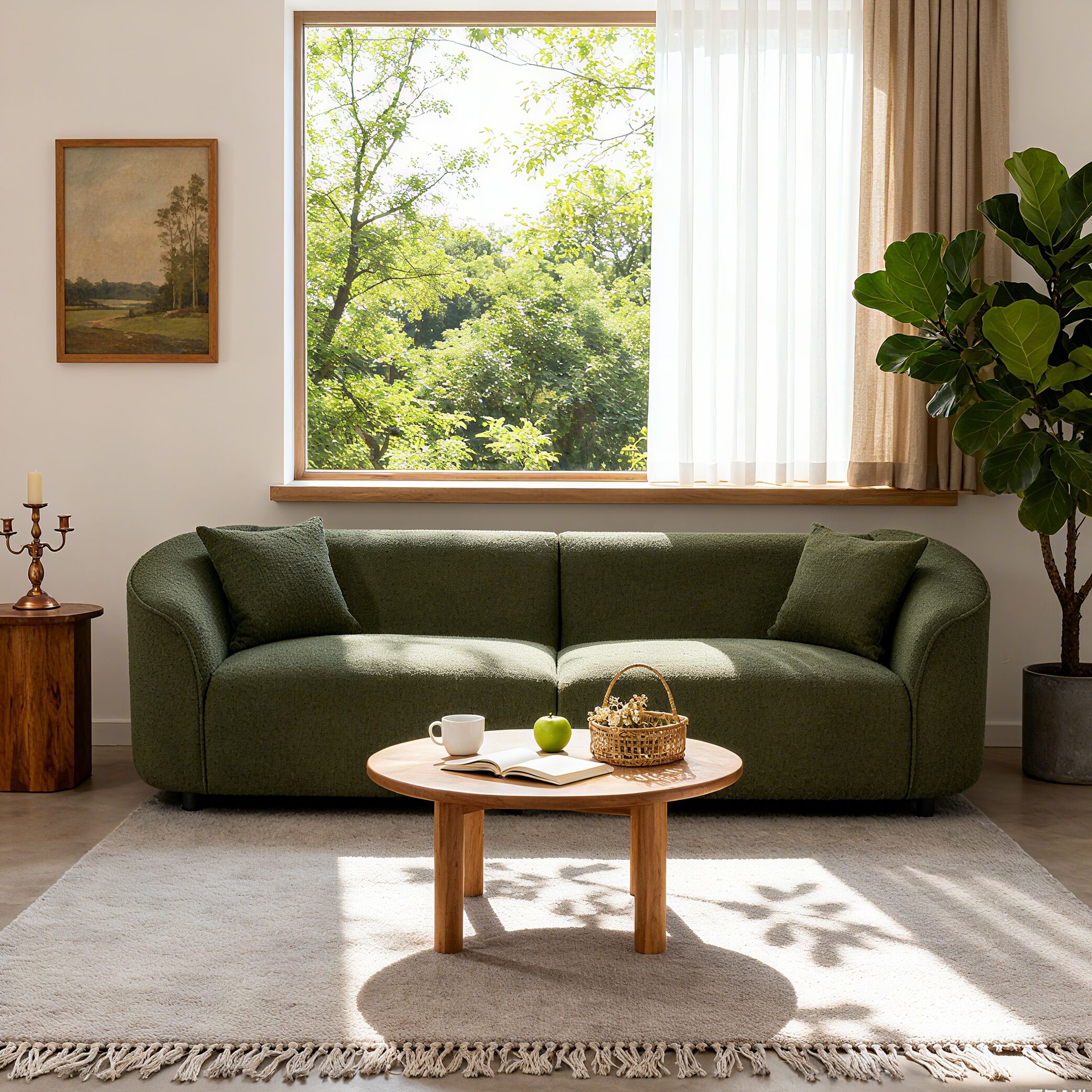 87.25 in. Modern 3-Seater Rolled Arm Boulce Fabric Upholstered Curved Sofa in Green with Pillows
