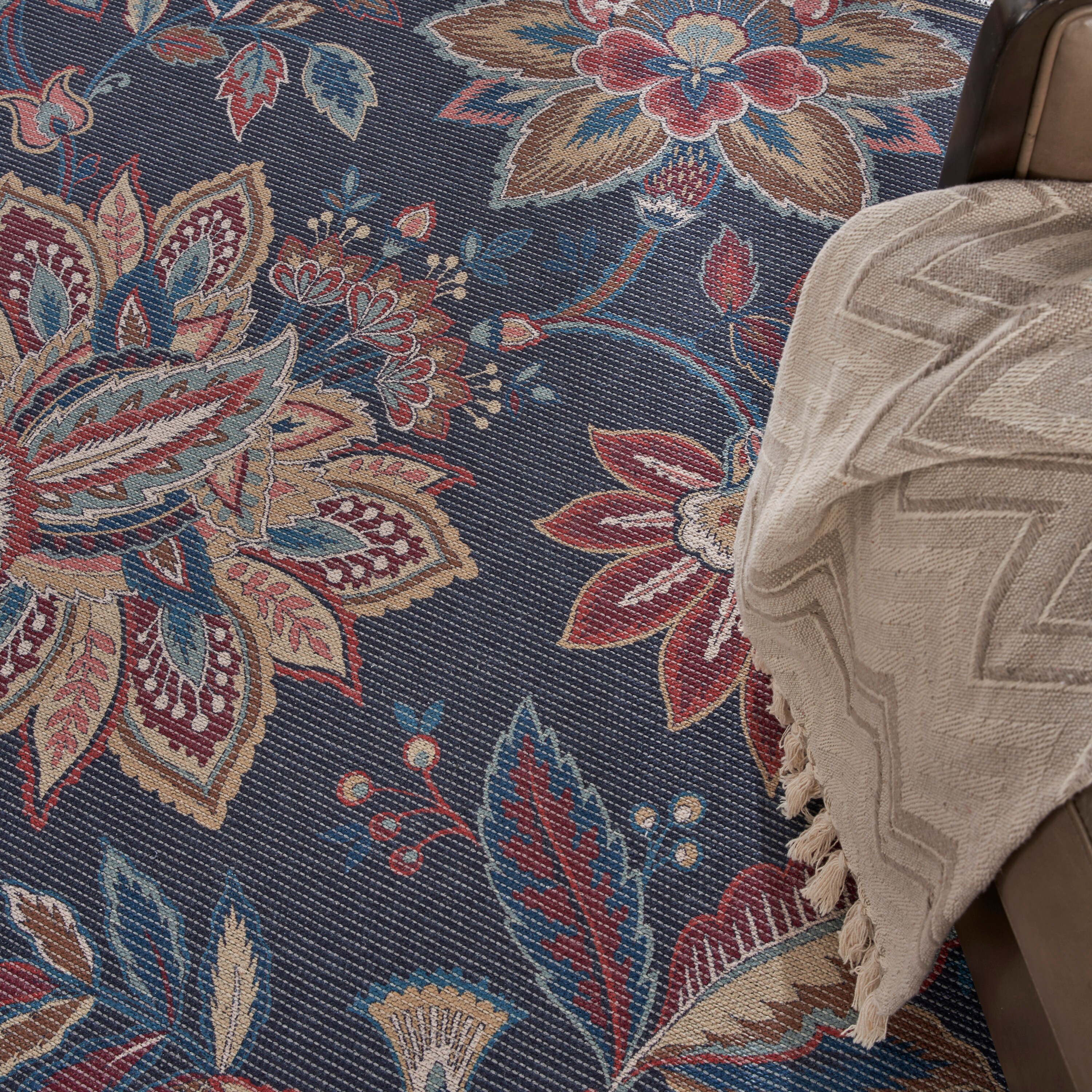 Charcoal Floral Rectangular Washable Synthetic Rug