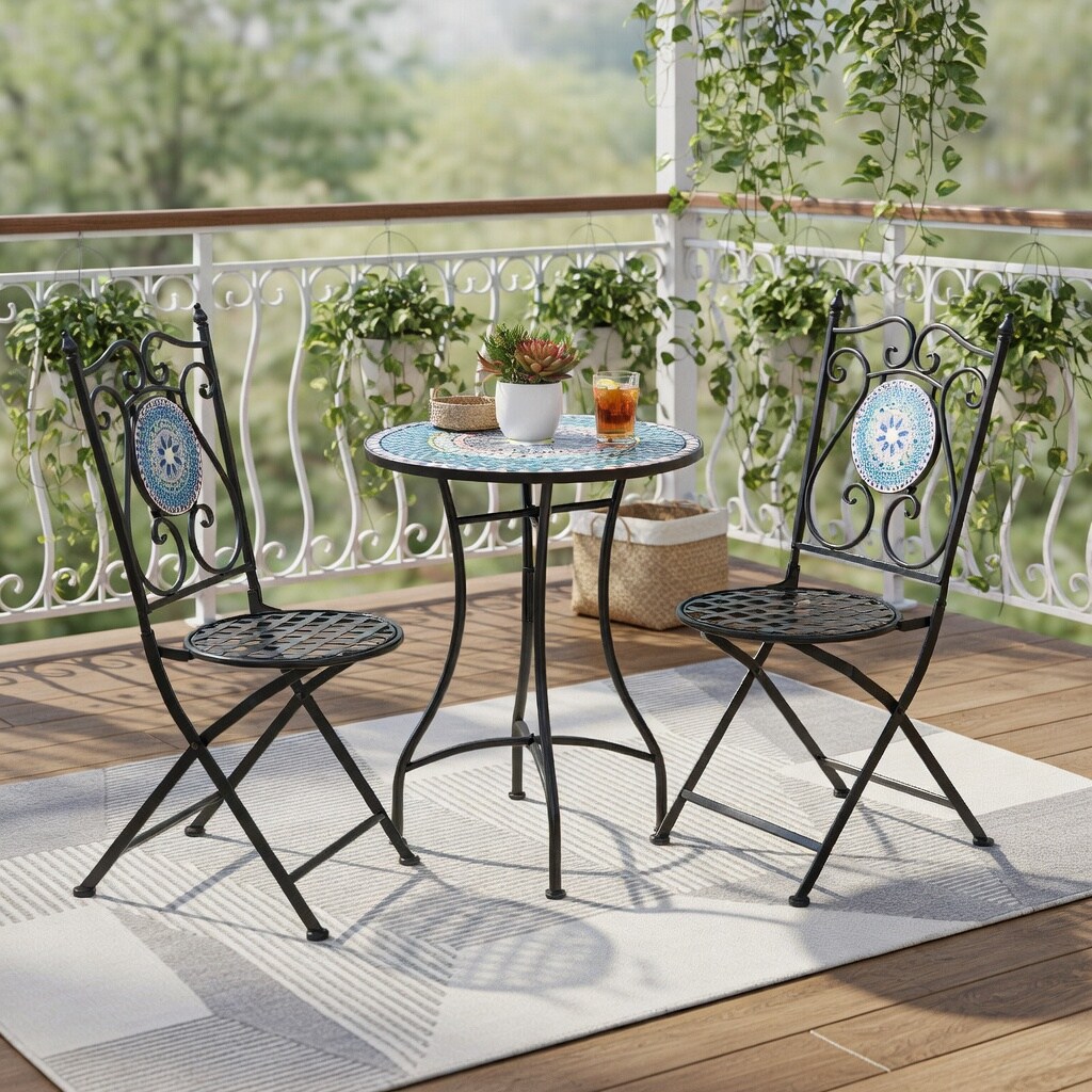 Choco Moon 3-Piece Outdoor Mosaic Tile Bistro Patio Set Foldable Metal ...