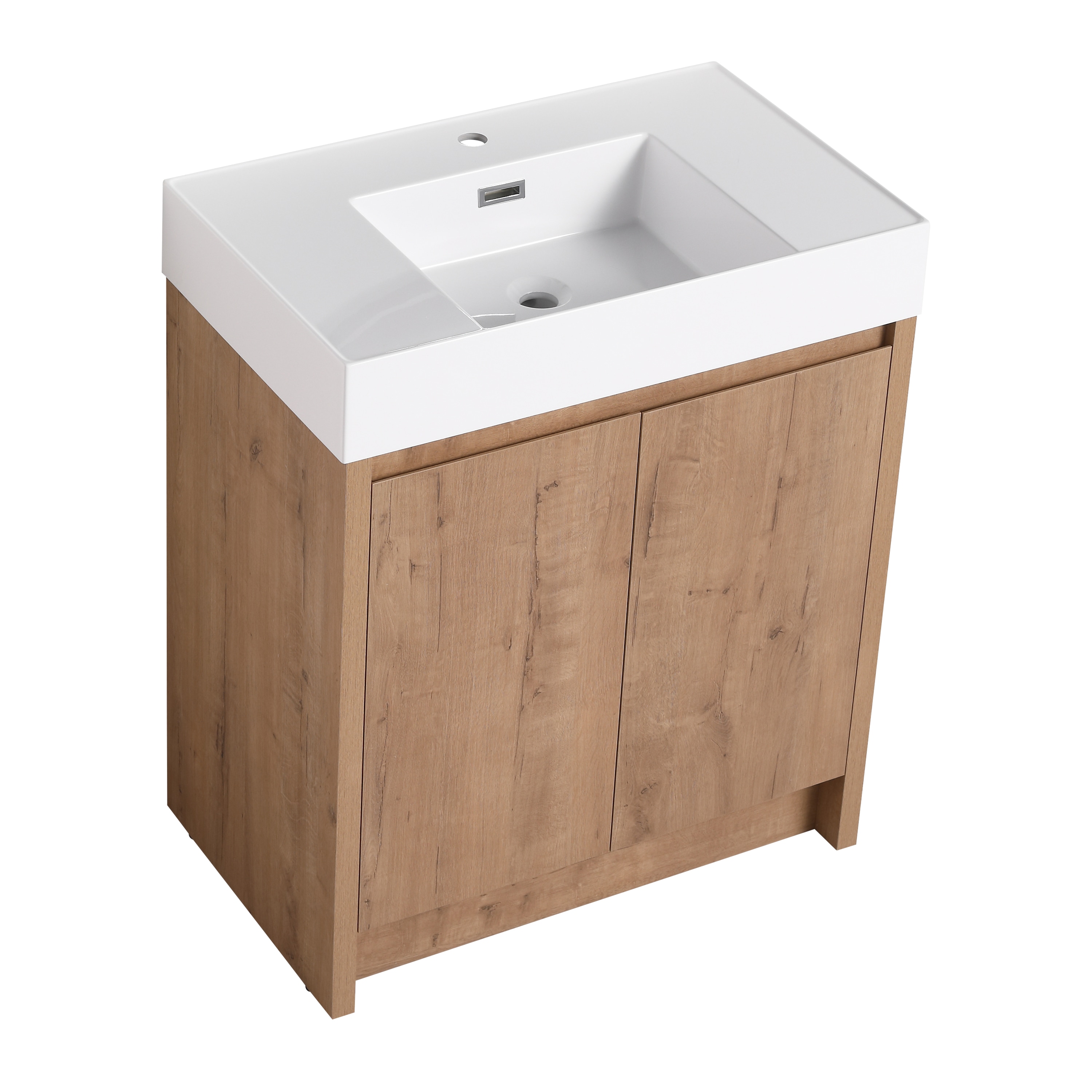 WELLFOR GLEM-S00036 30-in Imitative Oak Single Sink Bathroom Vanity with White Solid Surface Top