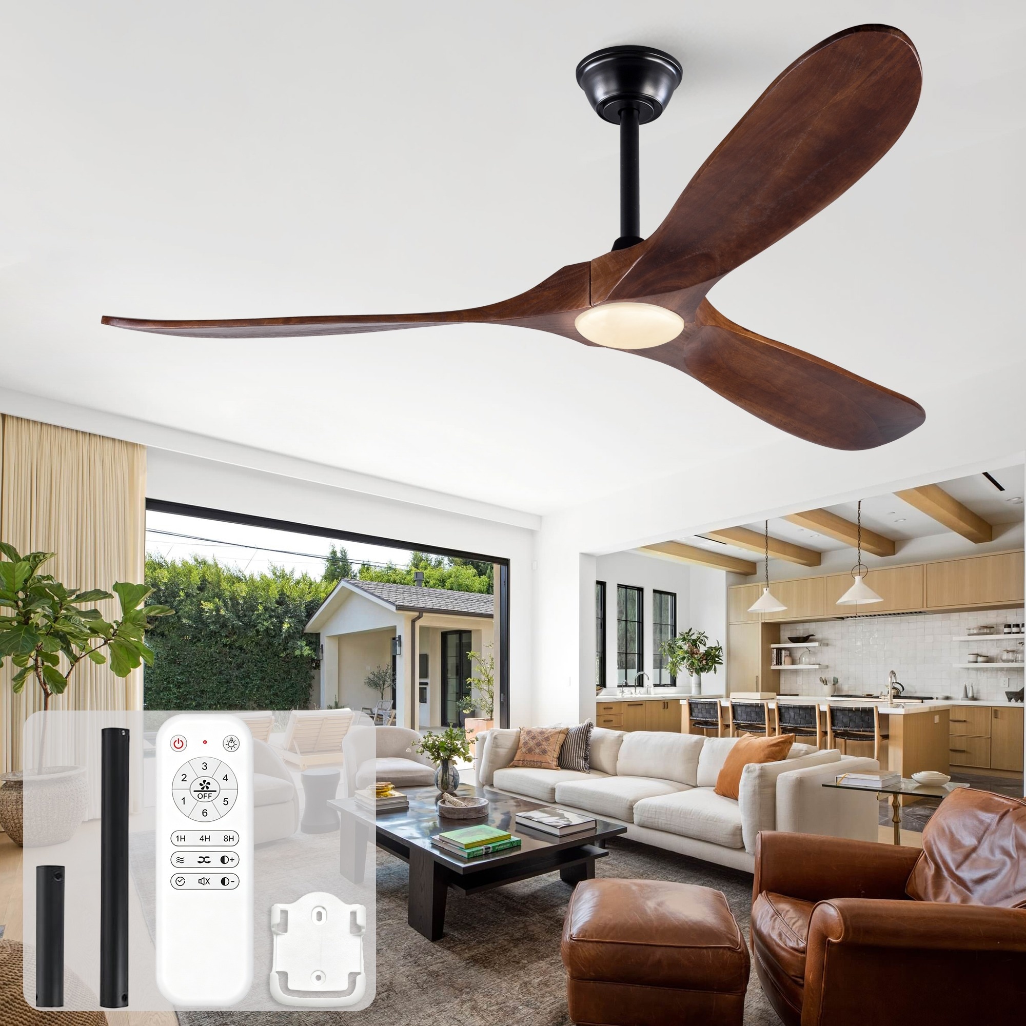 HyperDrop Cart 60-in Solid Wood 3-Blade Ceiling Fan with 3CCT Light Power-Off Memory and Silent DC Motor for Great Room Villa