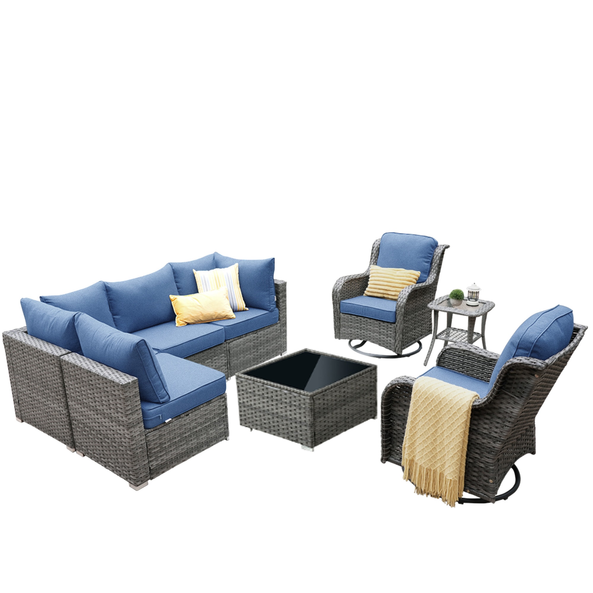 weaxty HMBZYNTC-HOP04-300 Kuuga Rattan Outdoor Sectional with Blue Cushions and Steel Frame