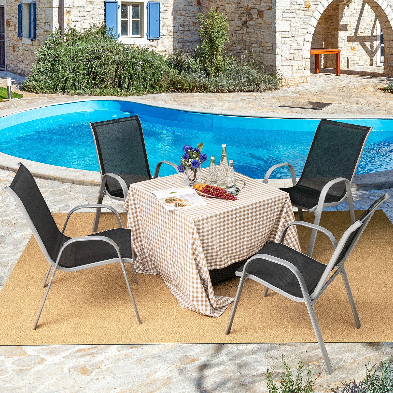 Black Stackable Outdoor Dining Chairs with Armrests, Set of 4