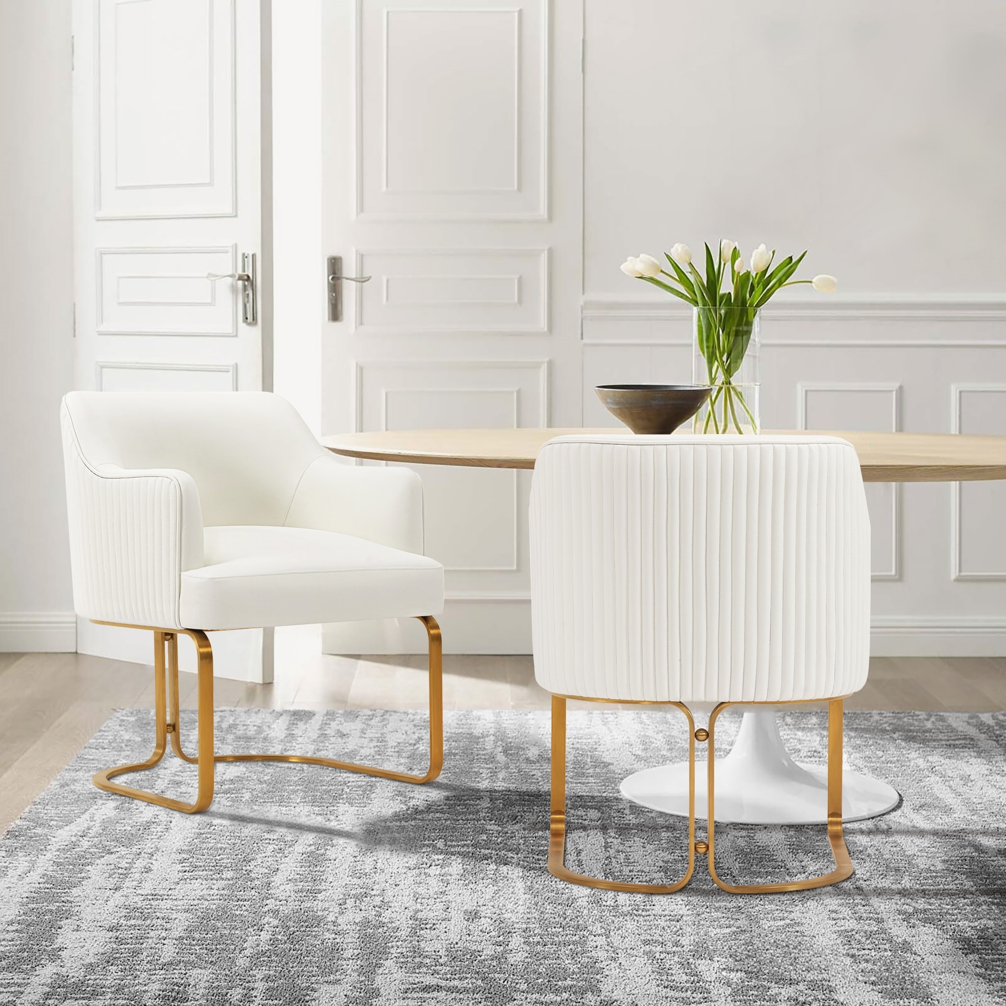 Manhattan Comfort 2-DC078-CR Set of 2 Contemporary/Modern Faux Leather Upholstered Dining Arm Chair (Wood Frame)