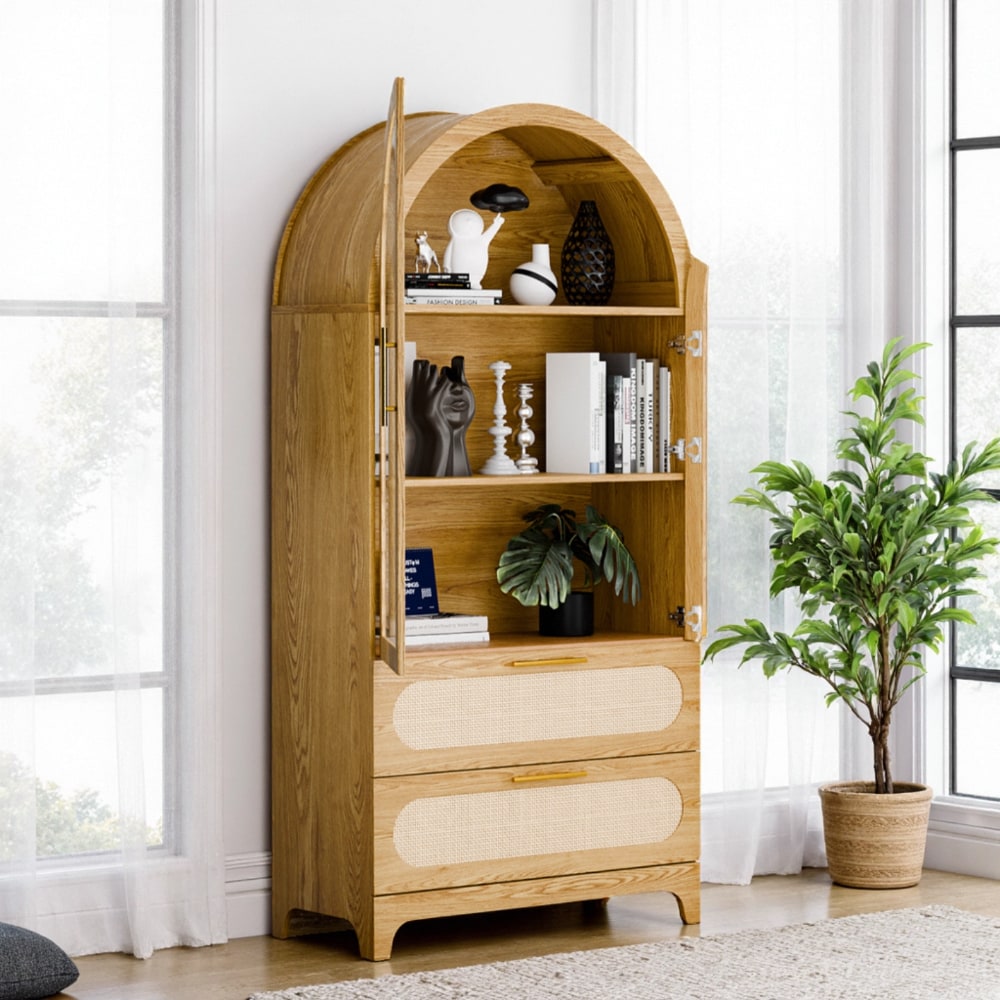 GlasFlength Modern Arched Storage Cabinet With Rattan Drawers And Glass ...
