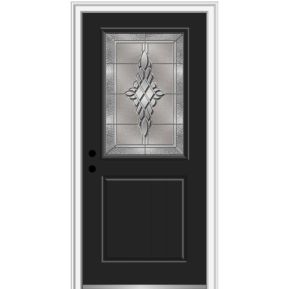 MMI DOOR ZZ3667078R 36-in x 80-in x 4-9/16-in Fiberglass Half lite Right-hand inswing Black Painted Prehung Front Door with Brickmould Insulating core