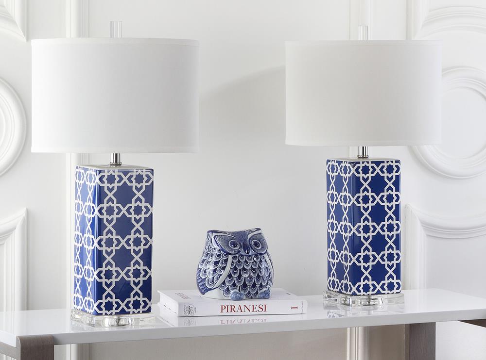 Navy and White Ceramic Table Lamp Set with Cotton Shade