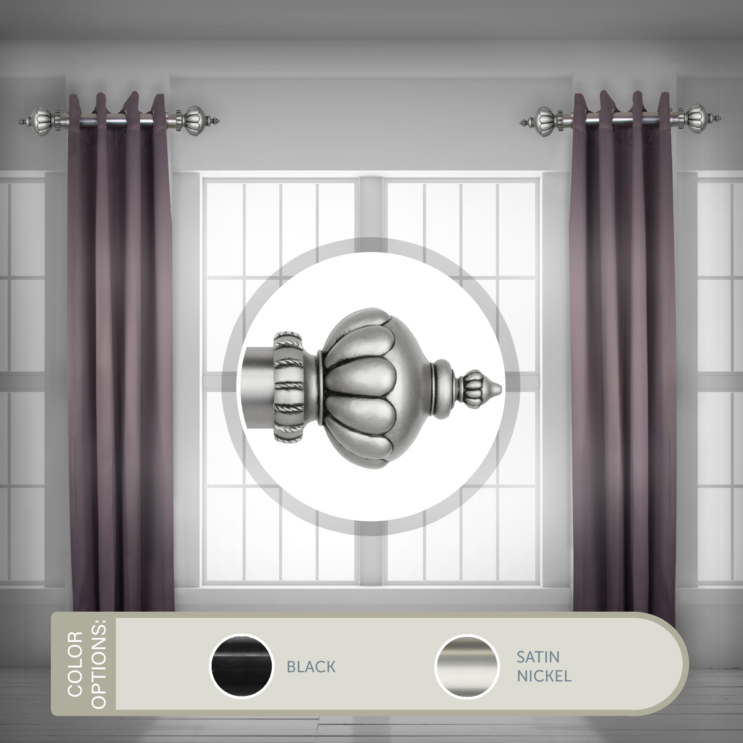 Hart & Harlow LO-SIDE150-21-5 Laura 1.5-in 12-in to 20-in Satin Nickel Steel Side curtain rod with Finials