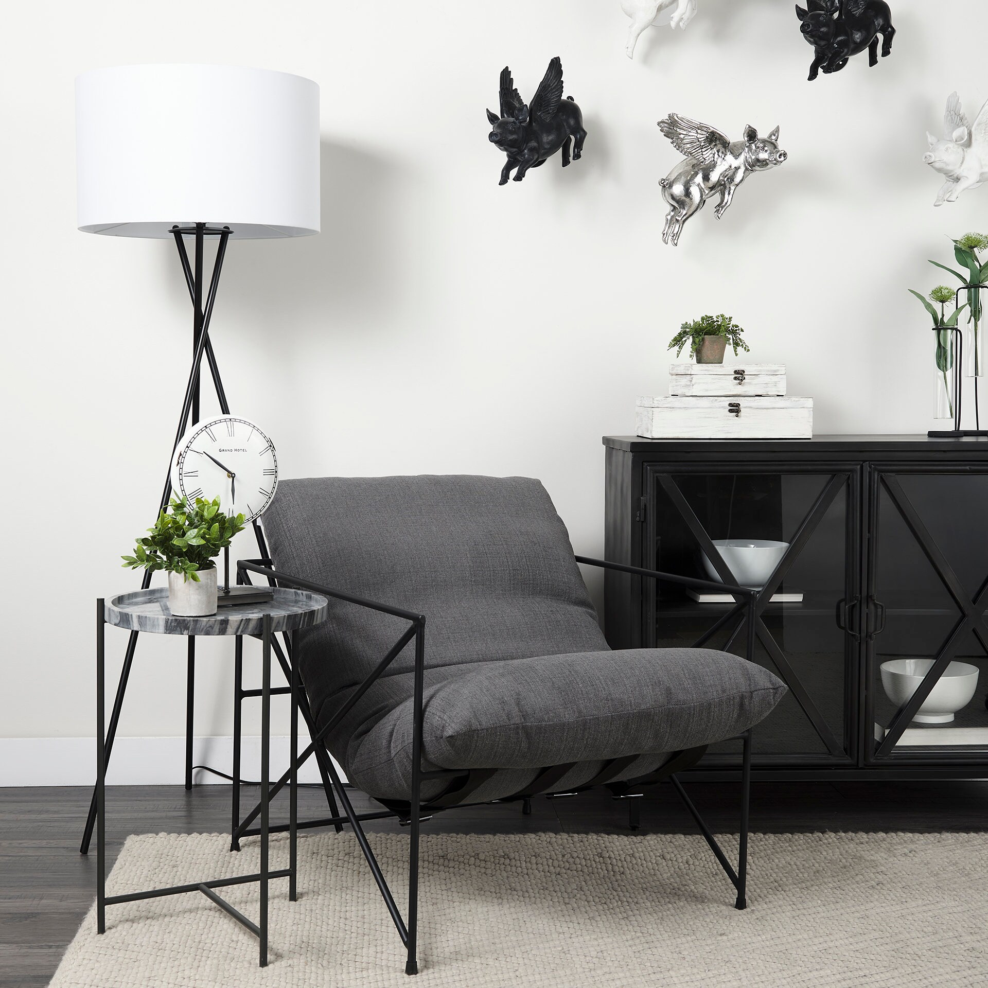 Leonidas Gray Fabric and Black Metal Accent Chair