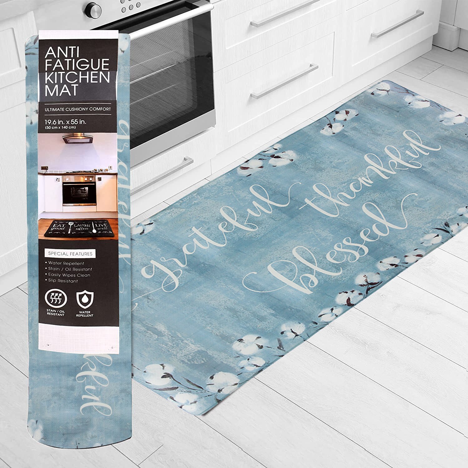 Grateful Thankful Blessed Blue PVC Anti-Fatigue Kitchen Mat