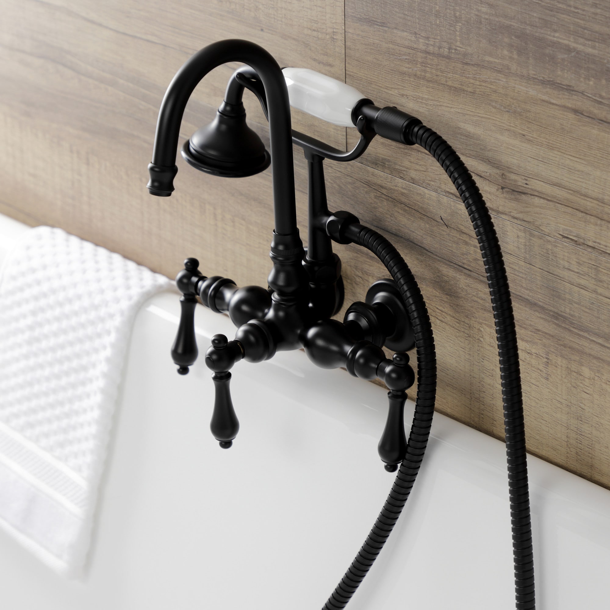 Kingston Brass WLAE7T0 Aqua Vintage Matte black 3-handle Wall-mount High-arc Bathtub Faucet with Hand Shower ( Valve Included )
