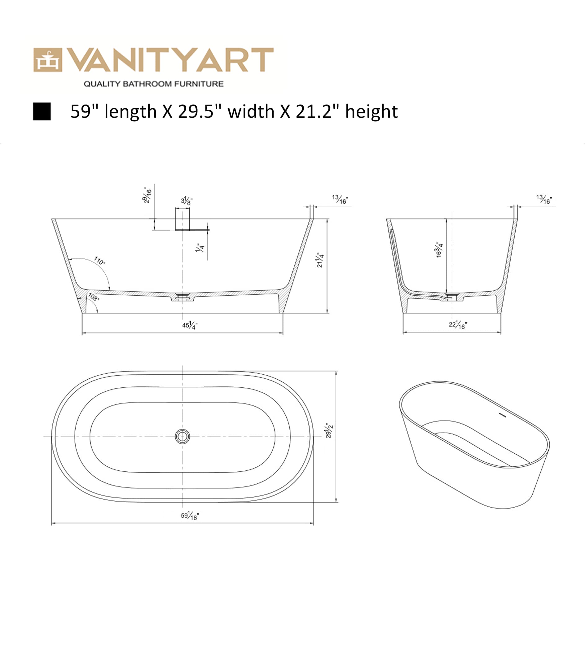Glossy White 59'' Freestanding Solid Surface Bathtub
