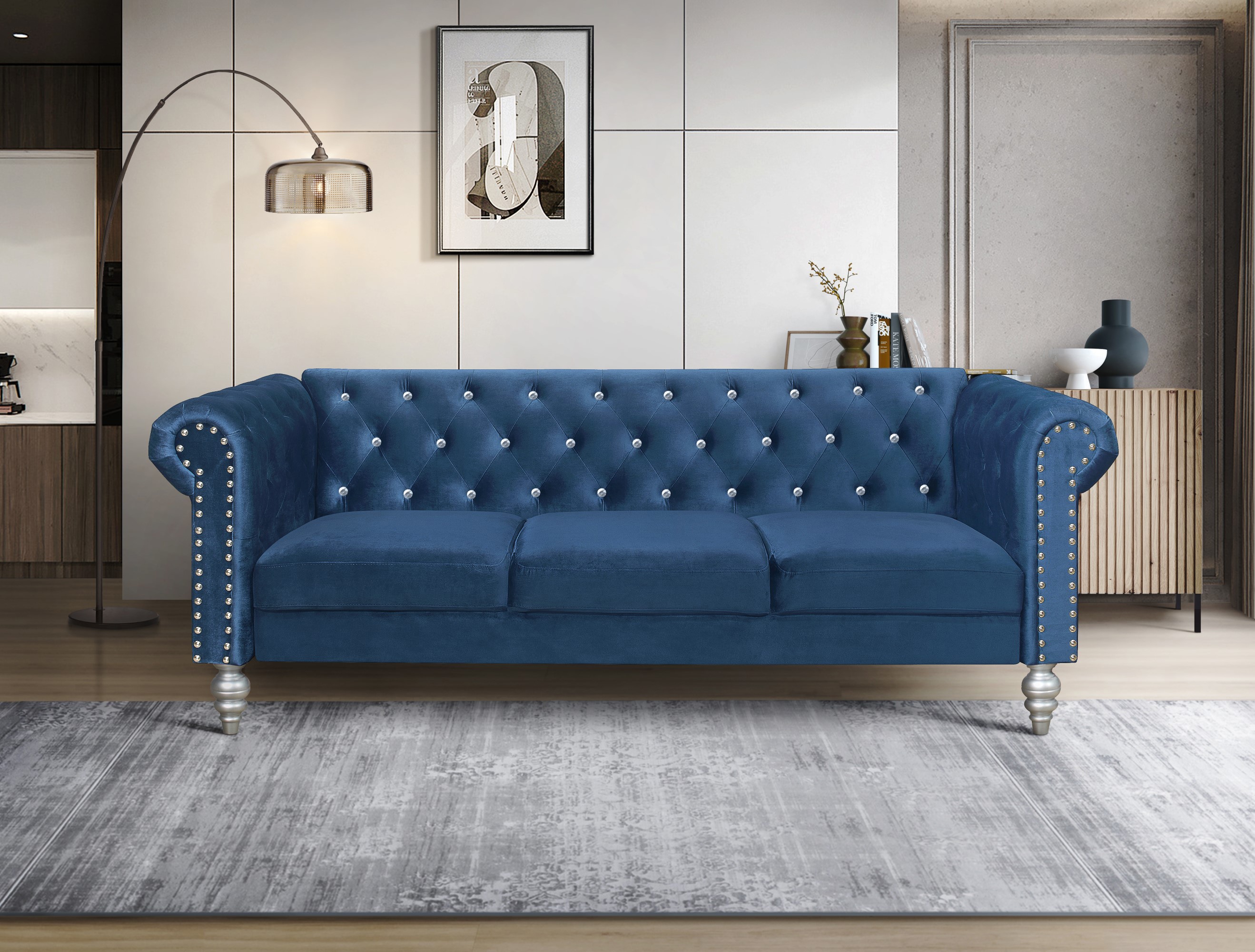 Home Design 30026-321 Emma 83.3-Inches Vintage Navy Blue Velvet 3 -seater Sofa
