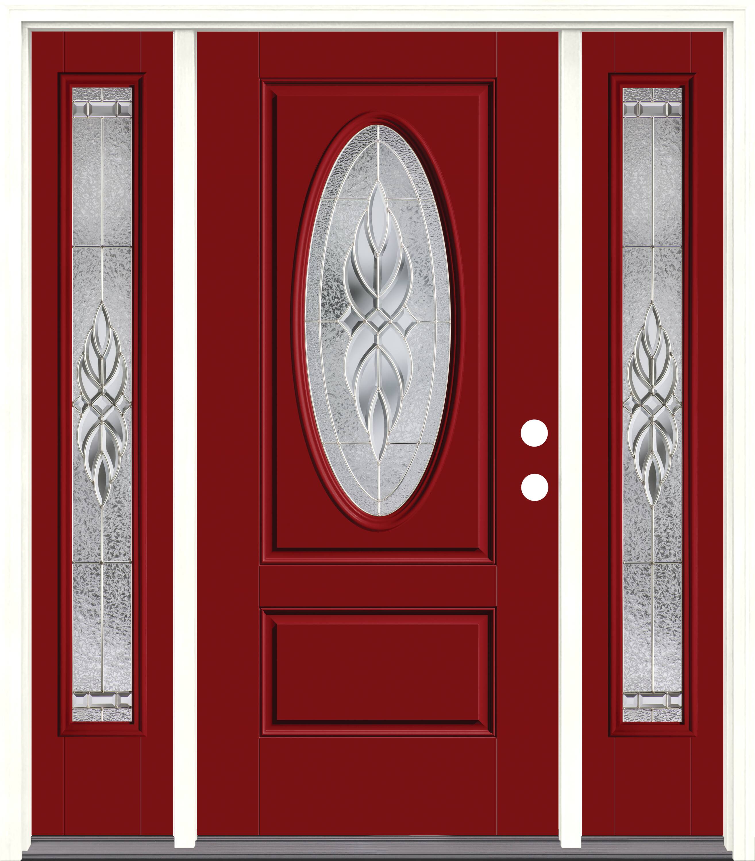 Therma-Tru Benchmark Doors TTB641633SOS Varissa Entry Door 68-in x 80-in x 4-9/16-in Fiberglass Oval lite Left-hand inswing Real Red Painted Prehung Front Door with Sidelights with Brickmould Insulating core