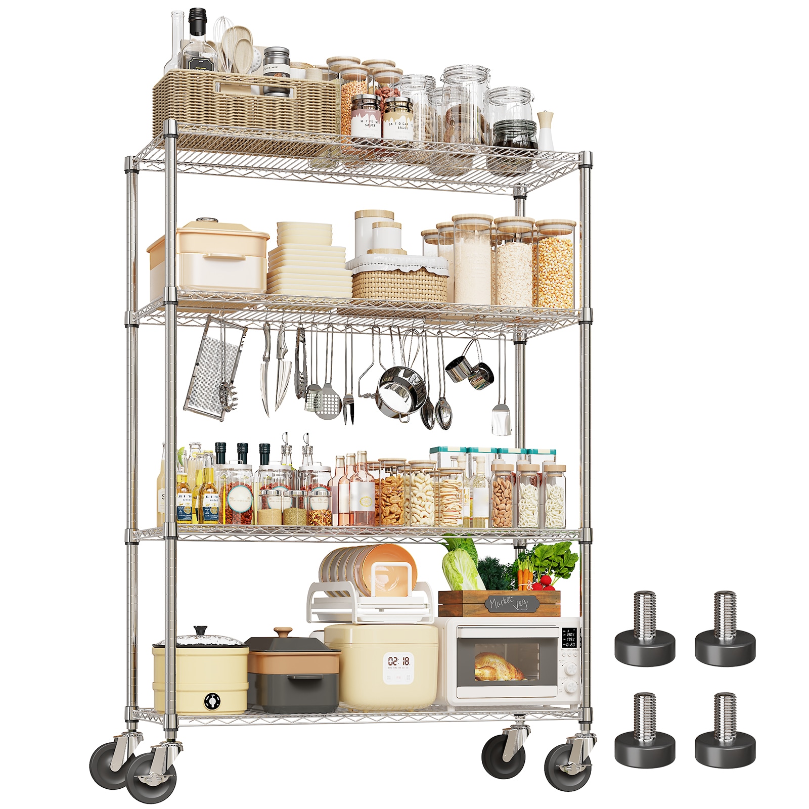 Garvee 4-Tier Chrome Wire Shelving with Wheels 71 Inch High Adjustable Metal Storage Rack Heavy Duty Rolling Shelf Unit with Locking Casters for Garage Kitchen Pantry
