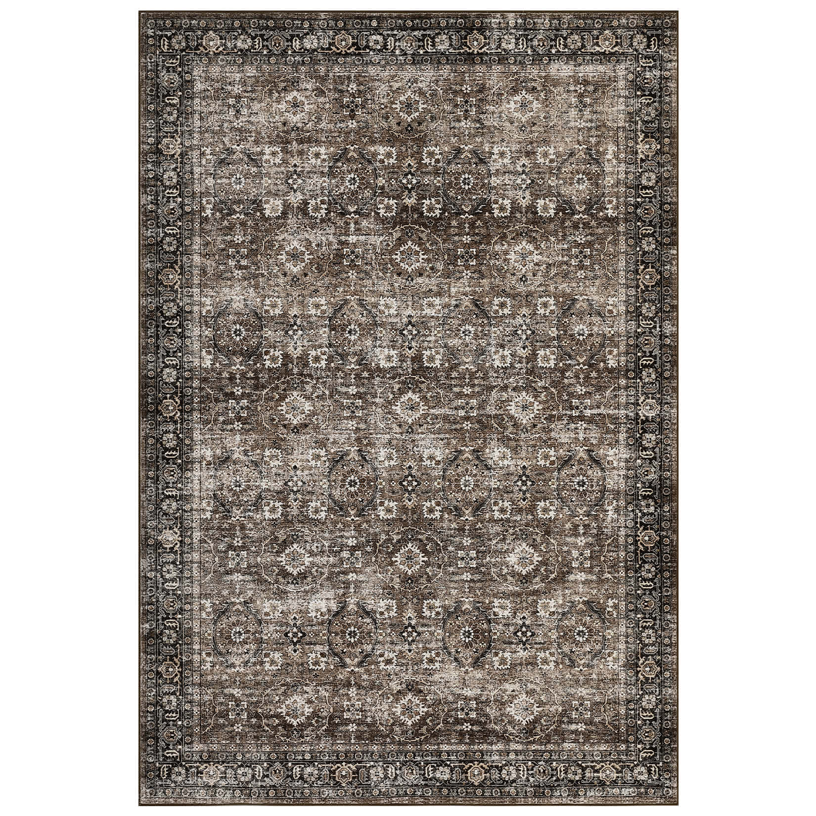Qeetex LSN-PHK-33C8EA7E 10 x 13 ft Polyester Wool Spinning Brown Rectangular Hallway Bathroom Entryway Kitchen Office Foldable Flower Printed Persian Washable Area Rug