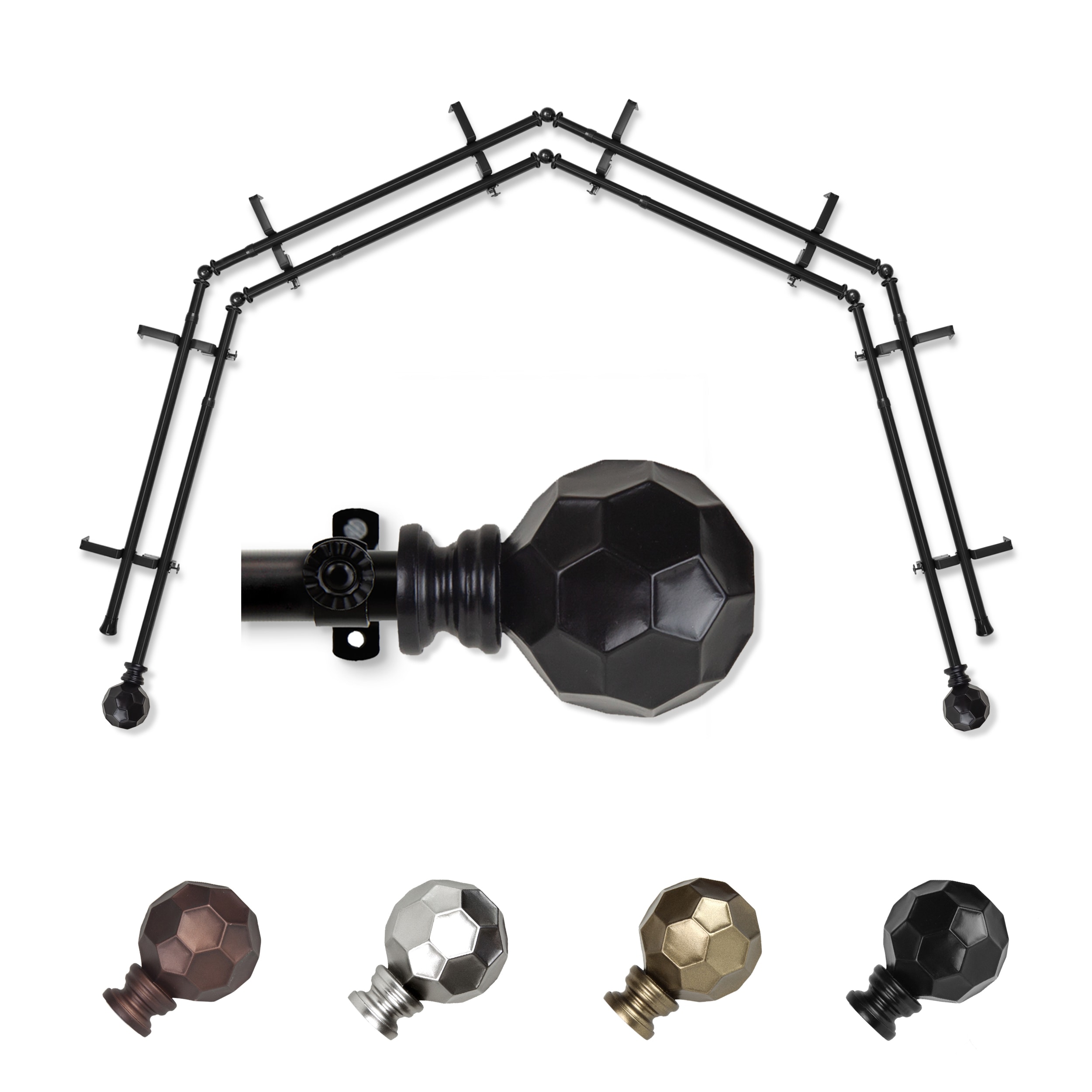 Hart & Harlow L-4BAY-90-2D Massimo 4-Sided Double Bay Black Steel Bay window curtain rod with Finials