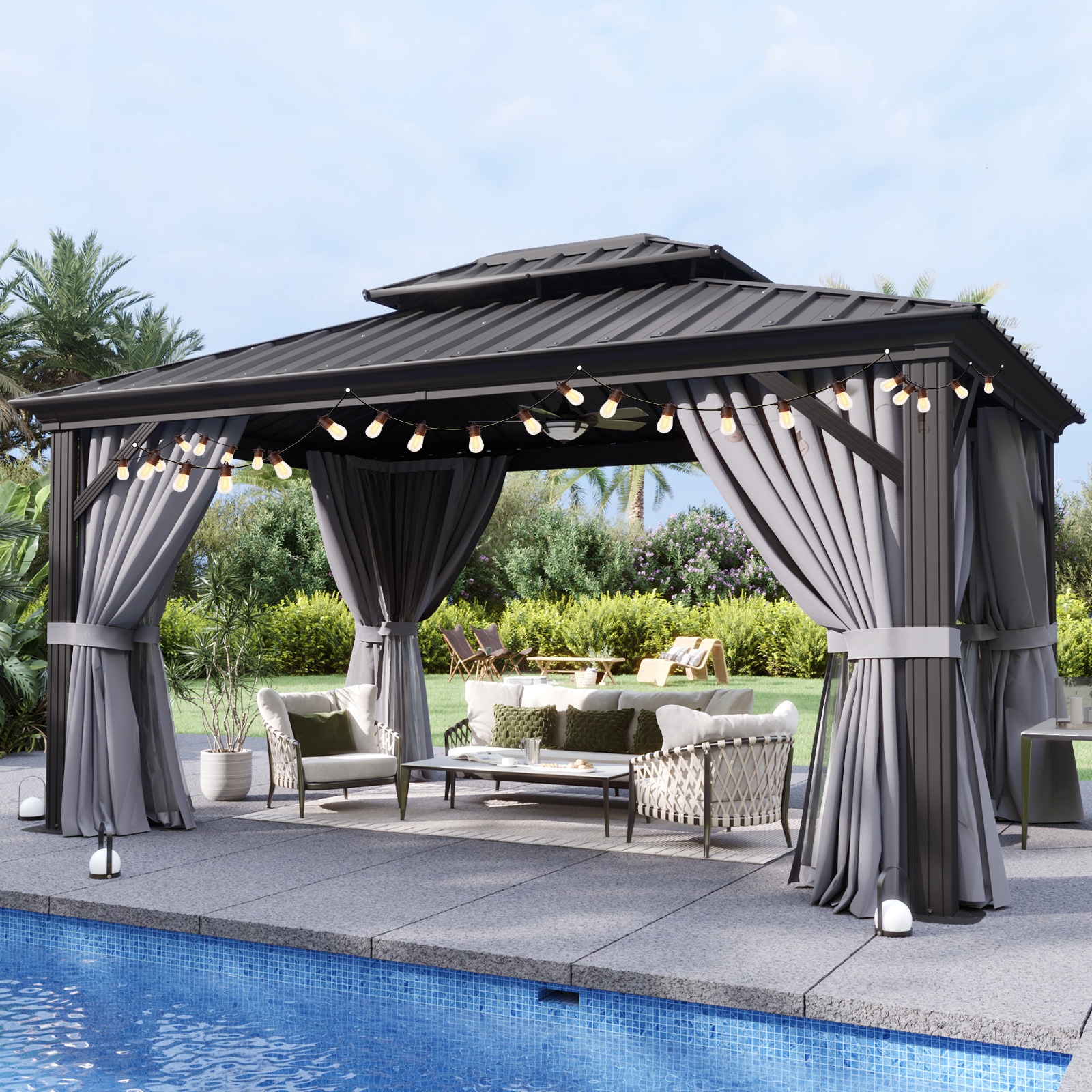 AOXUN AX-014GL41 12-ft x 10-ft Outdoor Gazebos Black Gazebo with Hardtop Roof (Screen Included)