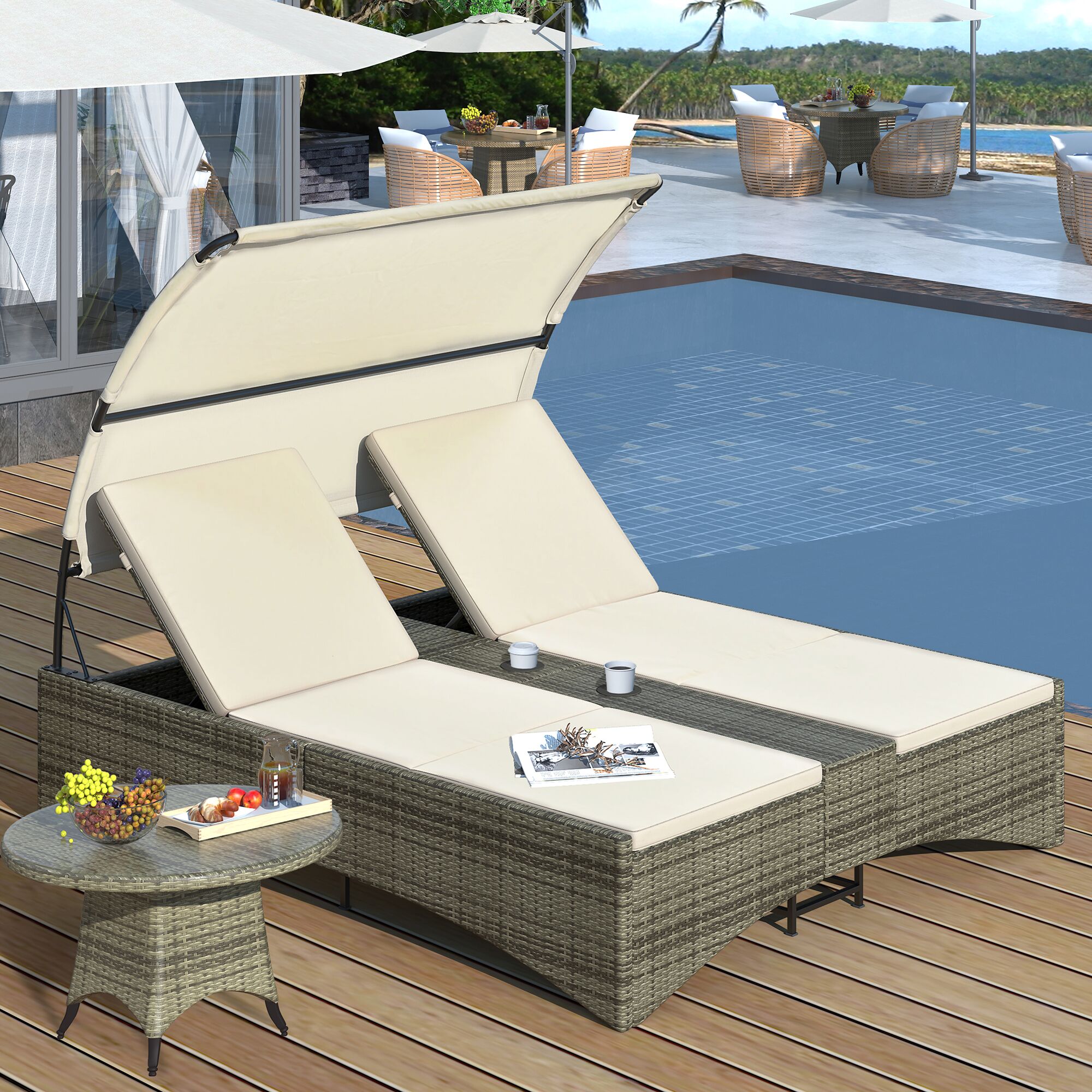 Forclover S7FW-080CW Rattan Patio Conversation Set with White Cushions