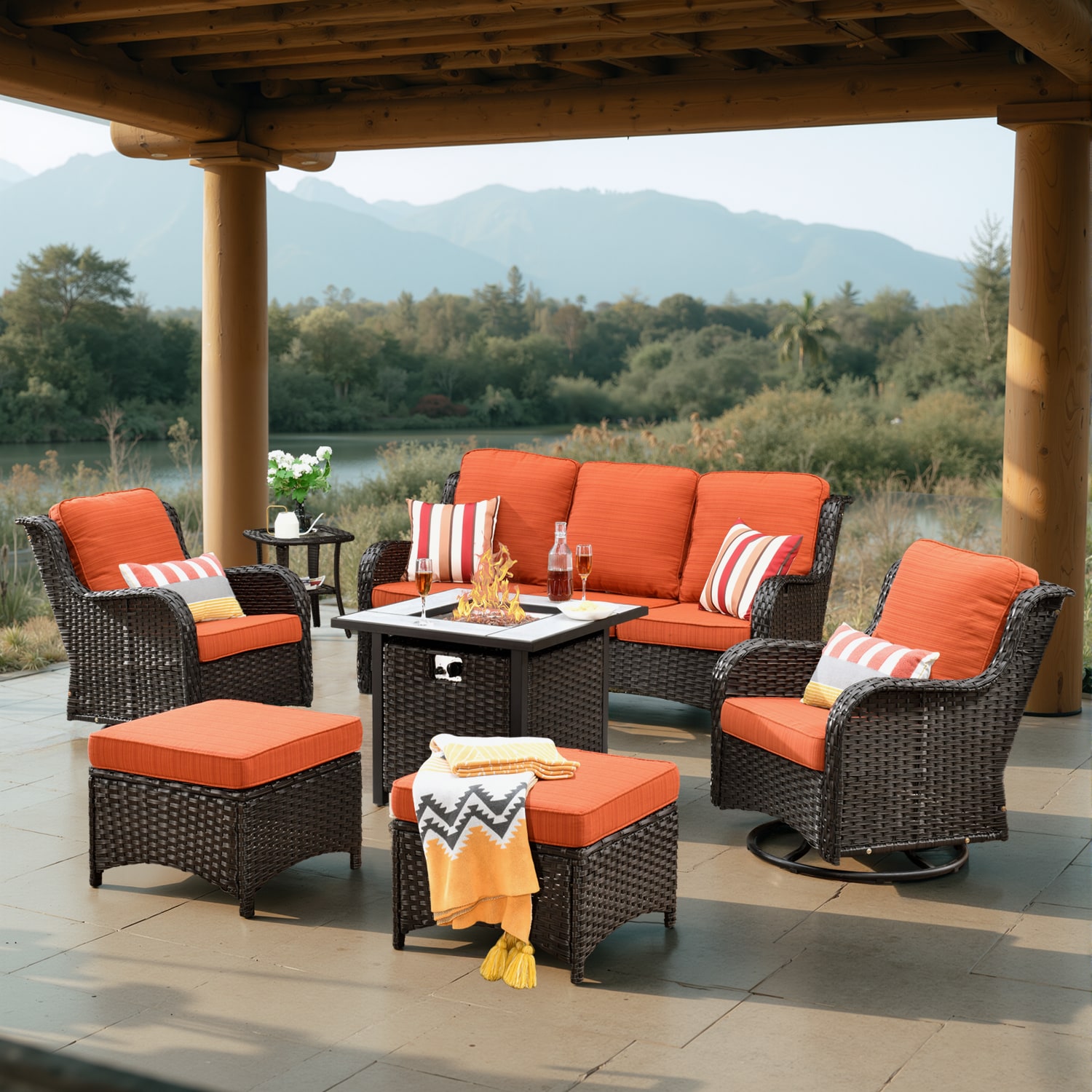 Pouuin SFPRGNTC806 7 -Piece Wicker Patio Sofa Conversation Set with Orange Olefin Cushions