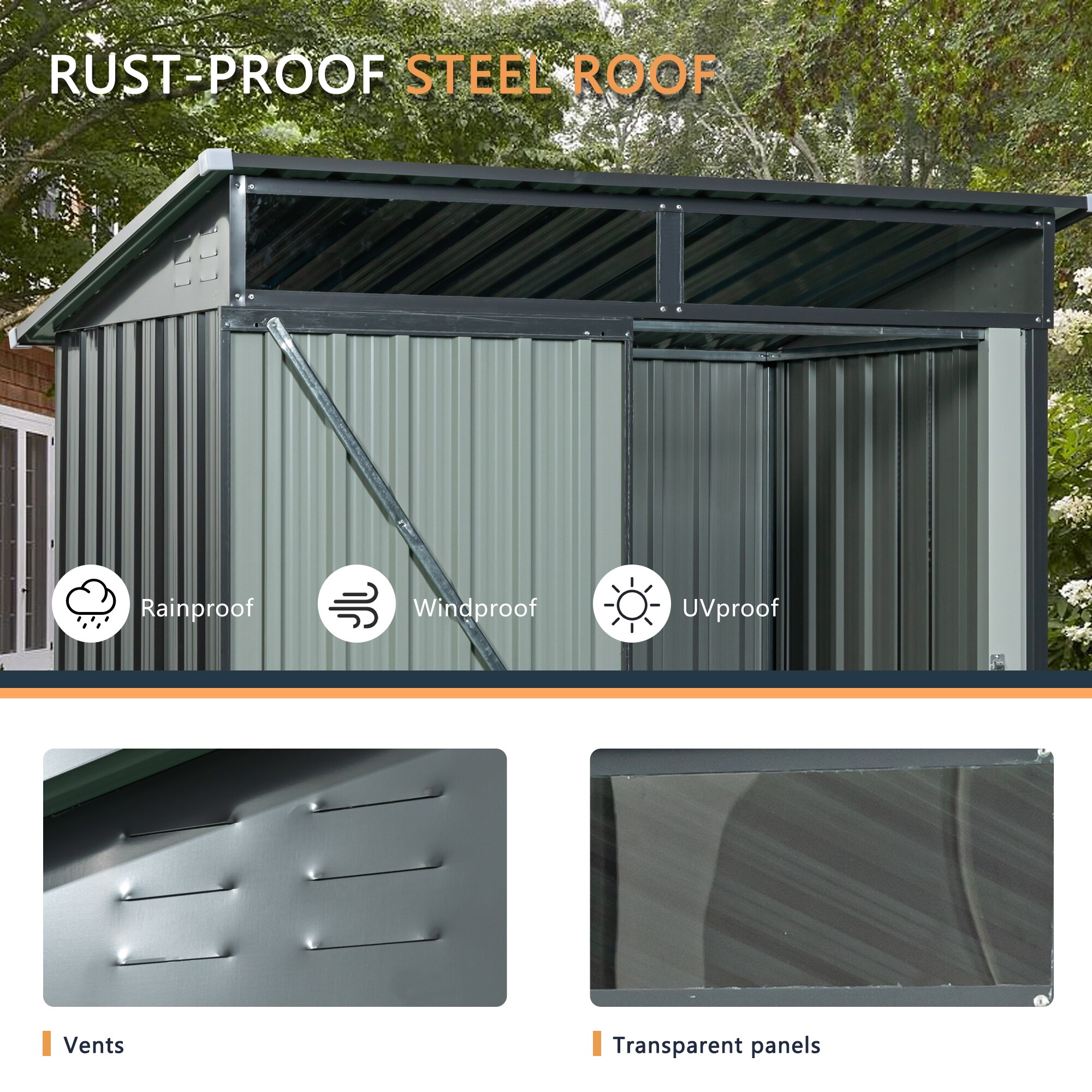 GDFStudio Outdoor 5 ft x 3 ft Metal Storage Shed with Transparent Roof ...