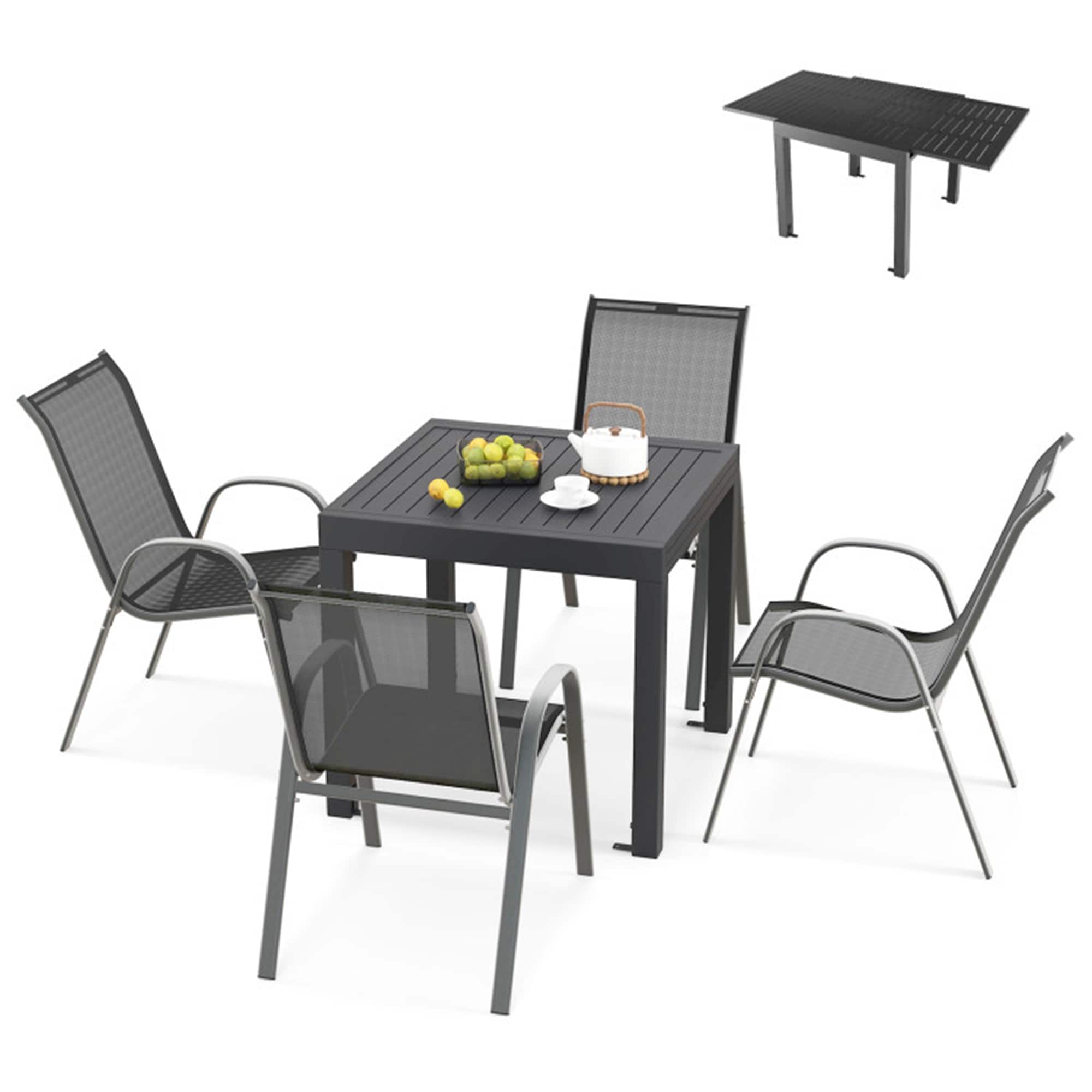 CASAINC WF-HW63759RE-LA Outdoor Dining Table Set with Extendable Aluminum Table and 4 Stackable Chairs 5 -Piece Black, Gray Patio Dining Set Extendable Table Aluminum Square Table with 4 Gray Stackable Stationary Chairs