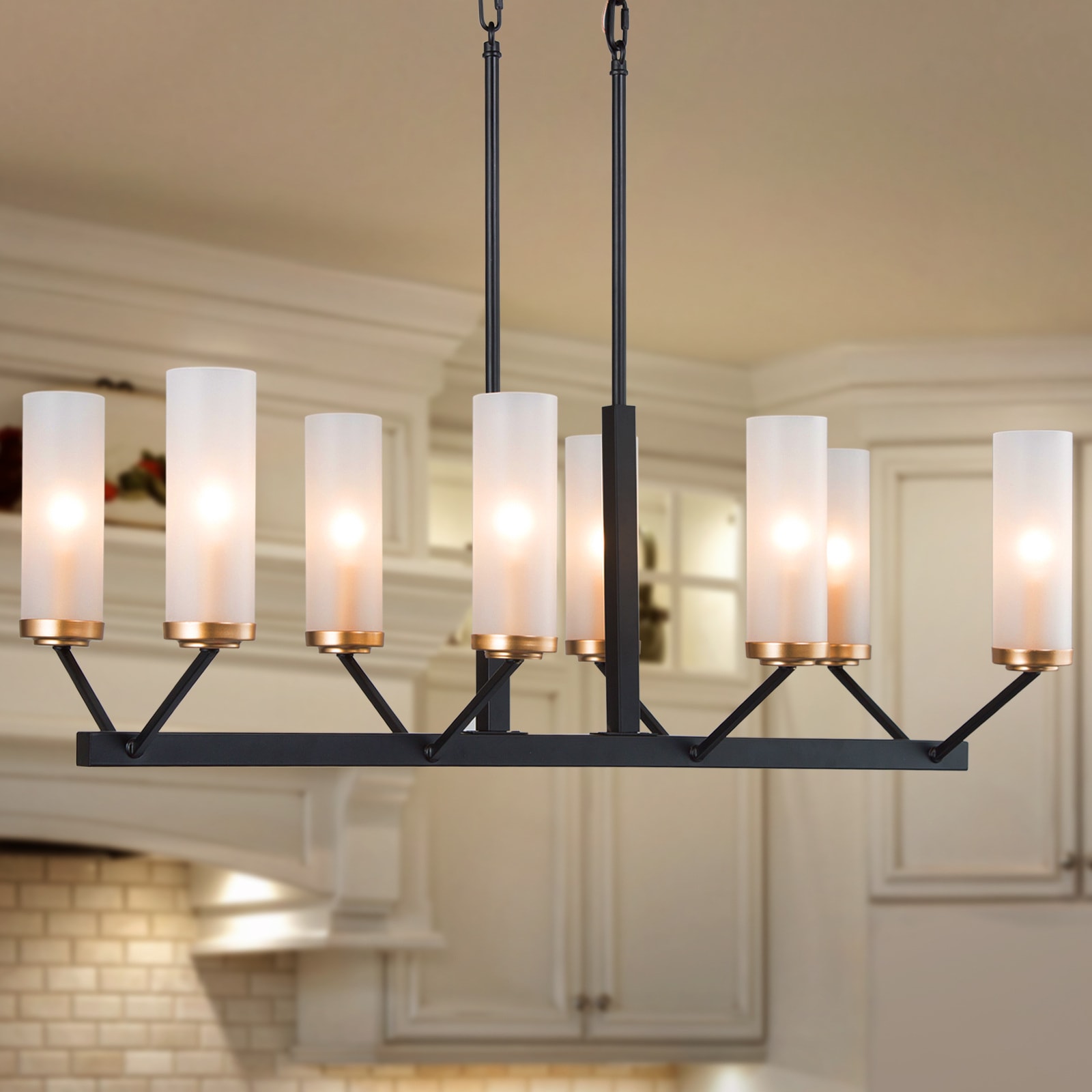 LNC 7BEBEQHD14073G7 Layla 8 -Light Matte Black and Frosted Glass Modern/contemporary Frosted glass Linear Large Hanging Kitchen island light