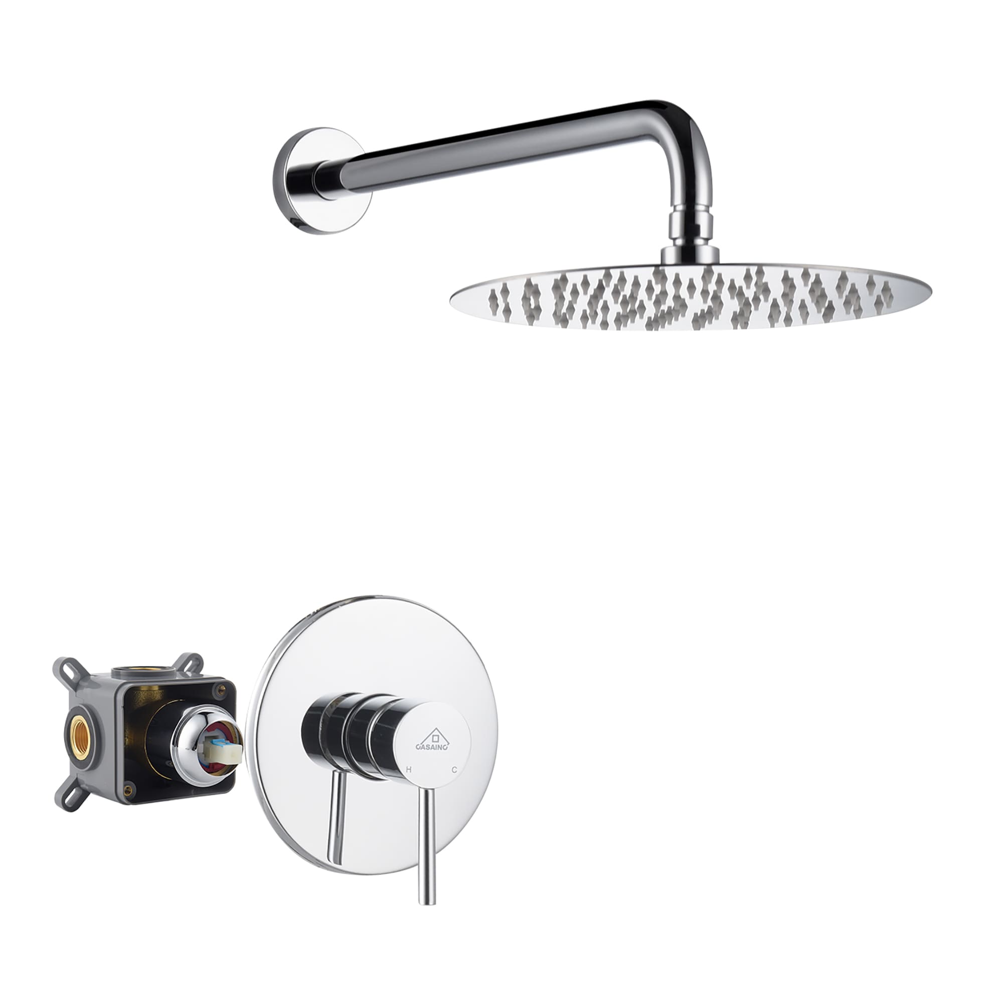 CASAINC M6609-A-10-CP Round Single Functions Wall Mount Chrome Shower Faucet Chrome 1-handle Single function 10-Inches Round Shower Faucet with Valve