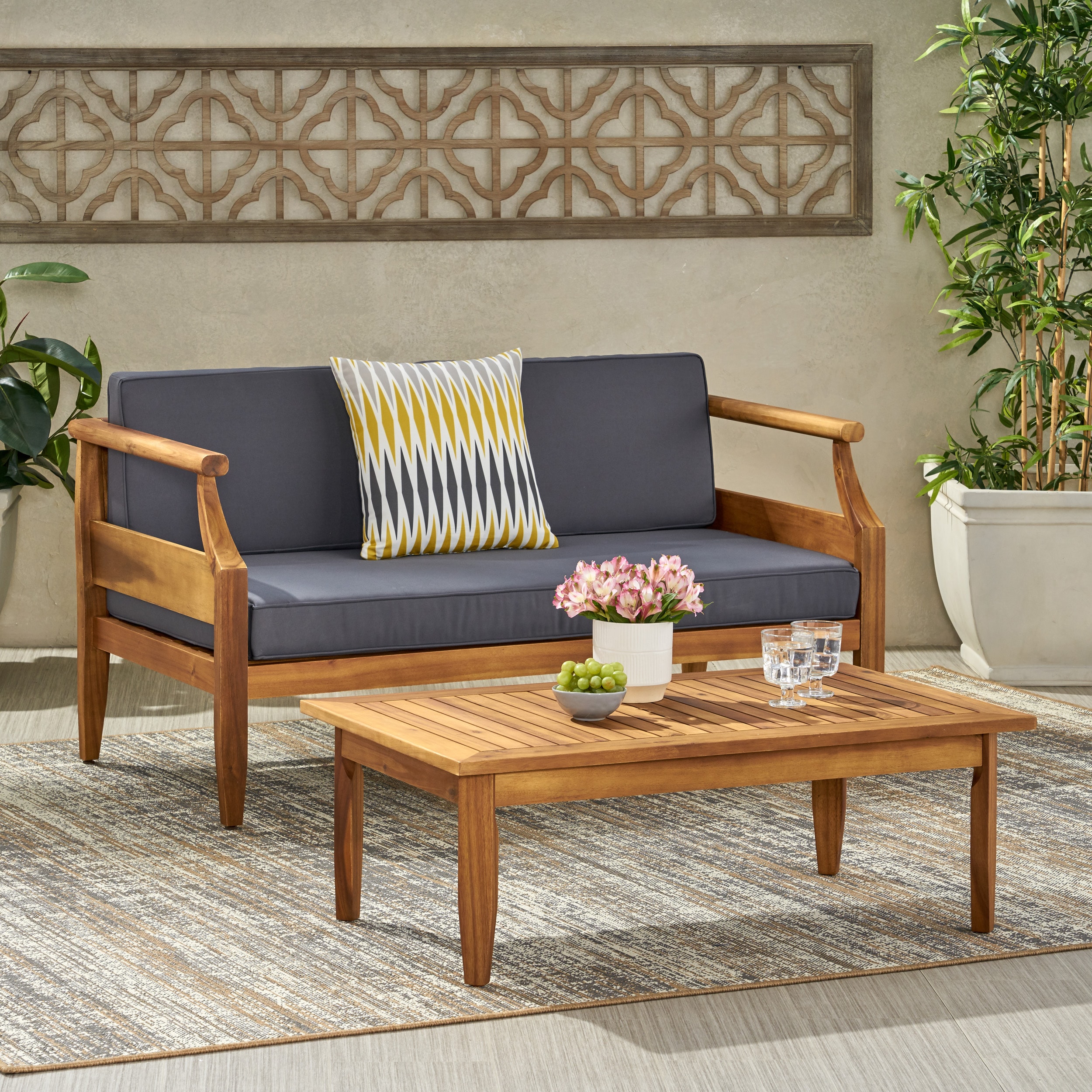 Christopher Knight Home 312164 Aston Rustic Acacia Wood Outdoor Loveseat with Coffee Table-Teak Finish