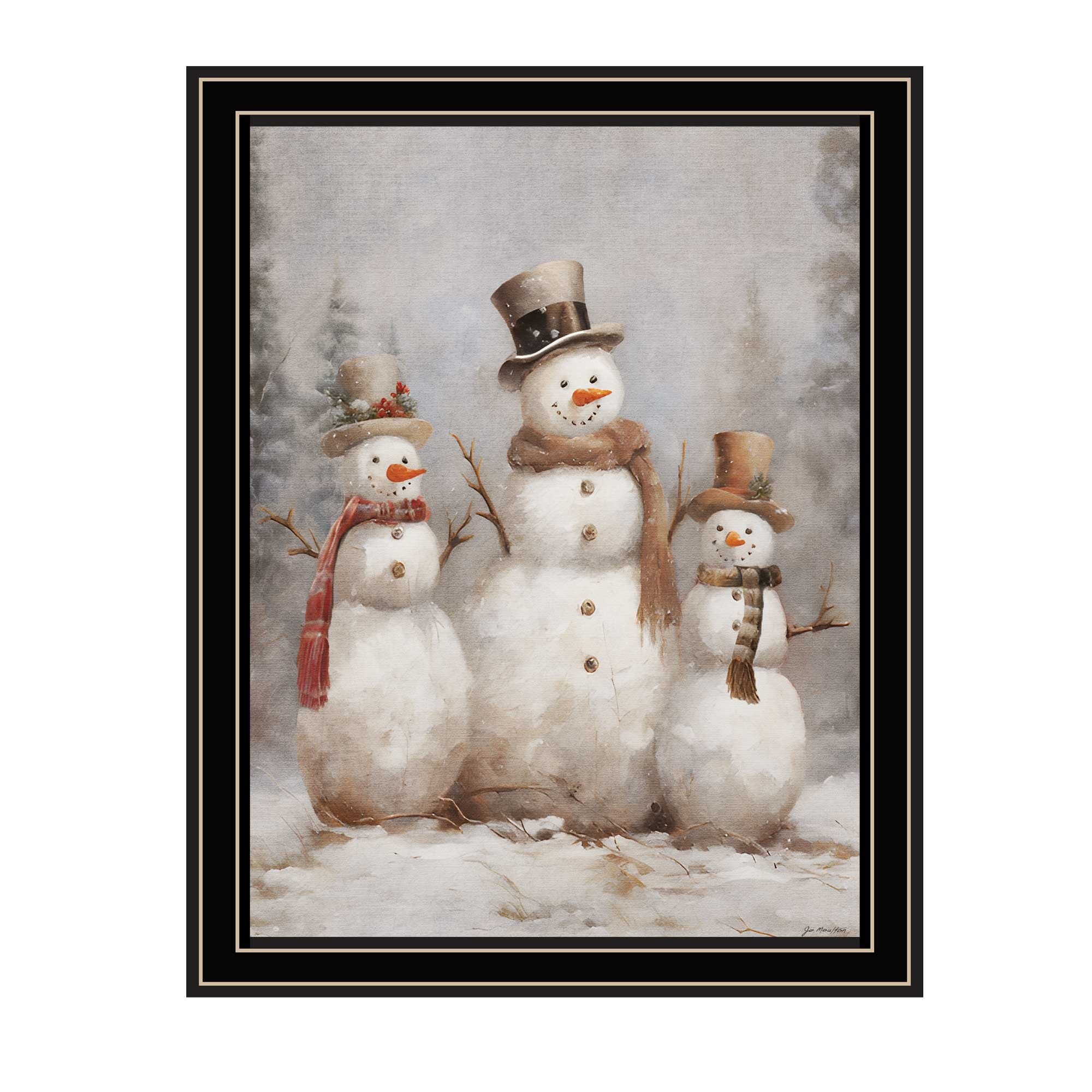 HyperDrop Cart Black Frame Wood Three Snowman Pals Framed Wall Art Decor Print Fade Resistant Coating Living Room Bedroom Office