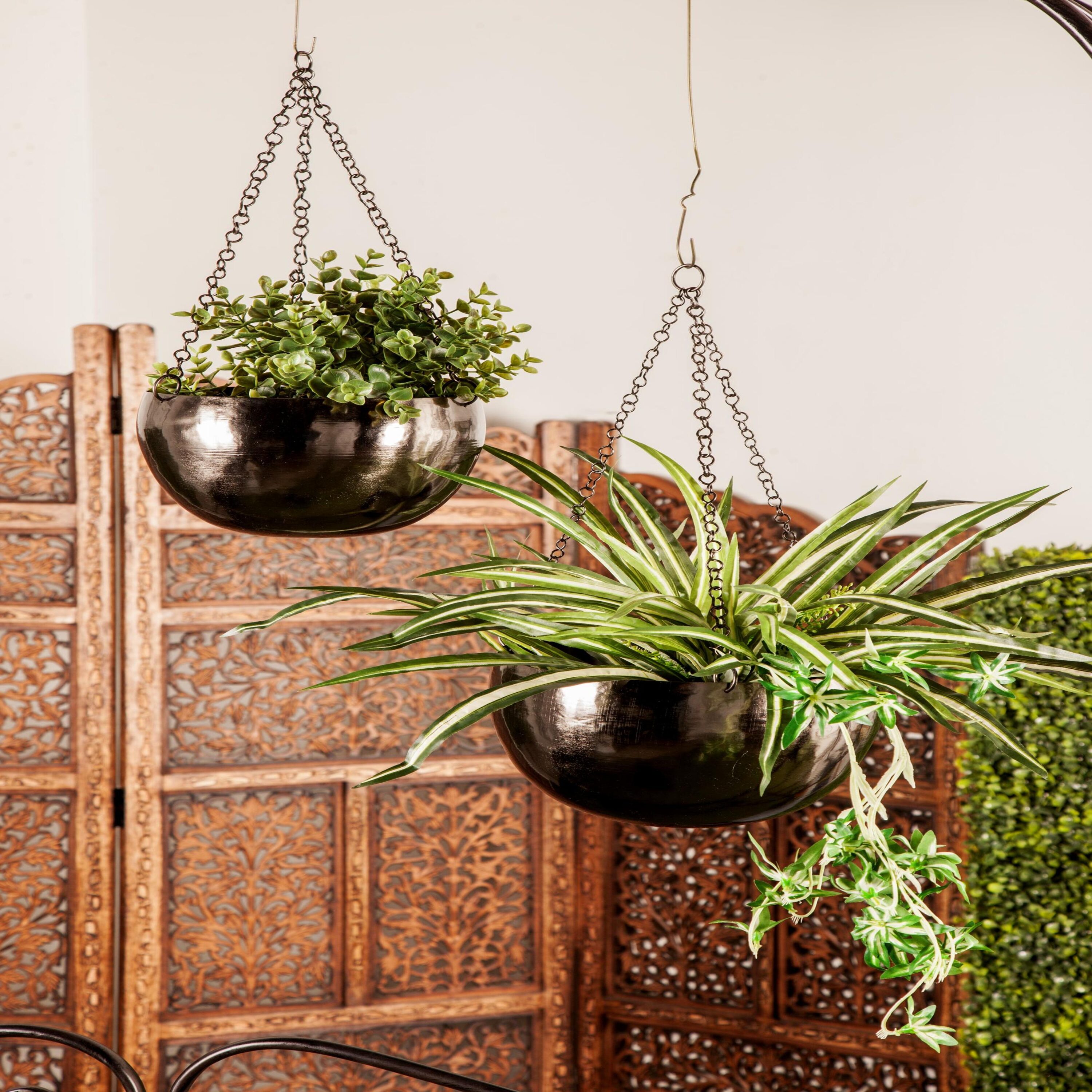 Set of 2 Black Iron Hanging Planters with Chains