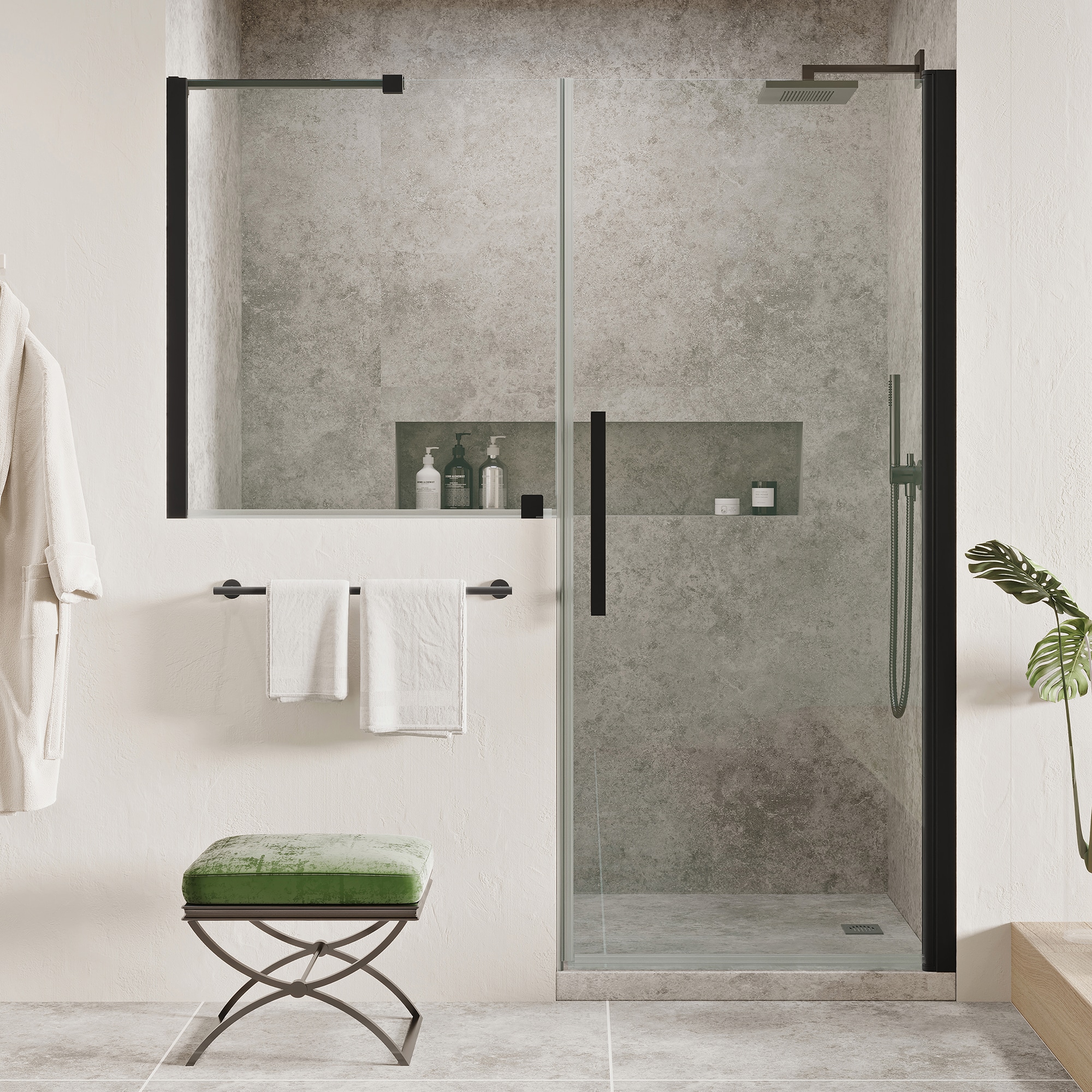 OVE Decors 828796060202 Pasadena Matte black 51-7/8-in to 53-13/16-in W x 72-in H Frameless Buttress Pivot Shower door 5/16-in Thick Clear Glass