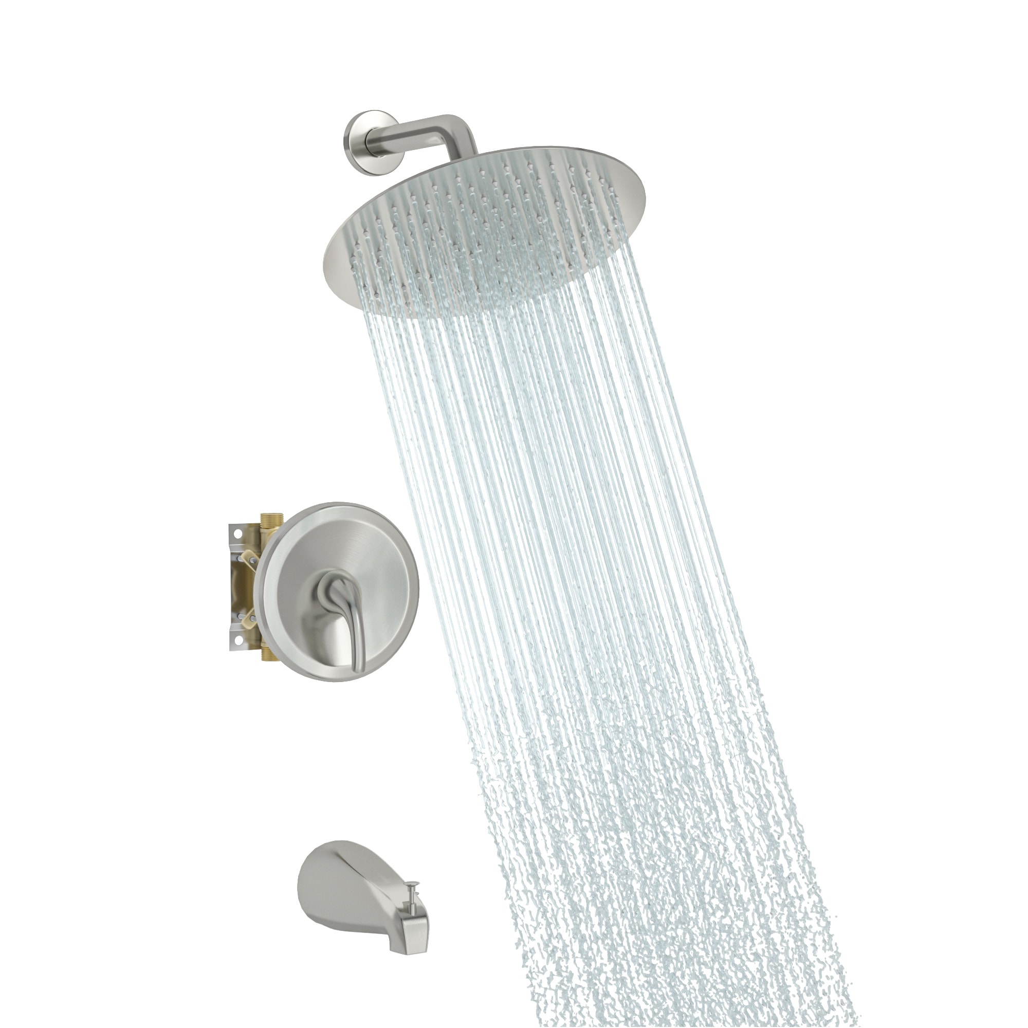 KICHAE 10-Inch Round Waterfall Shower Head Brushed Nickel Dual Head  Waterfall Built-In Shower Faucet System with 2-way Diverter Valve Included  in the Shower Systems department at