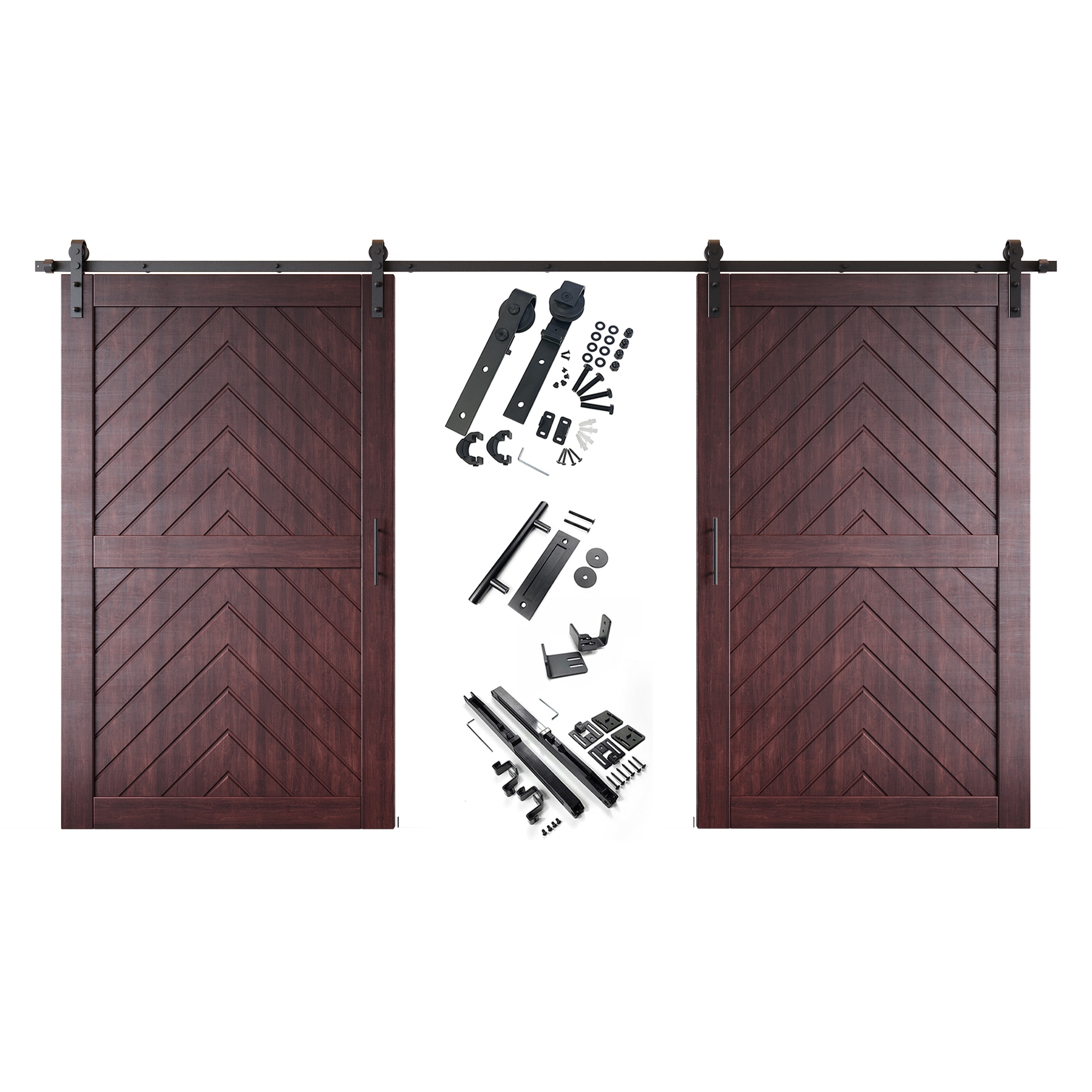 HOMACER YT2H216C-JT1-5080-RD 50-in x 80-in Red Mahogany Herringbone Pine Wood Solid core Double Barn Door (Hardware Included)