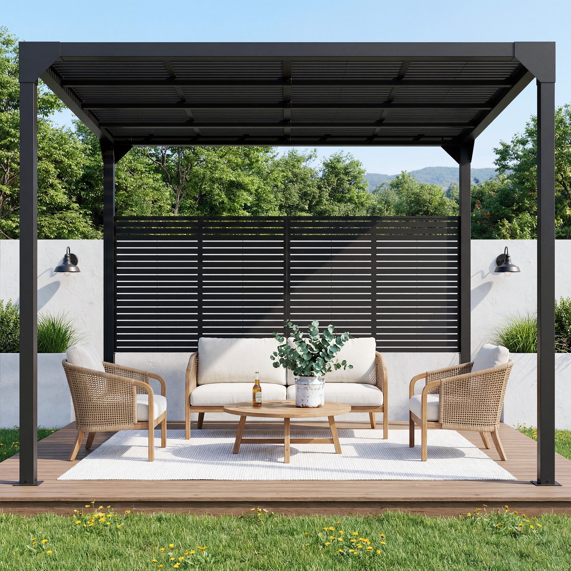 Misty Moon Black Metal Louvered Freestanding Pergola 10ft W x8ft D x8ft H Adjustable Shade Roof Privacy Screen Outdoor Patio Backyard Deck Garden Weather Resistant Pergolas