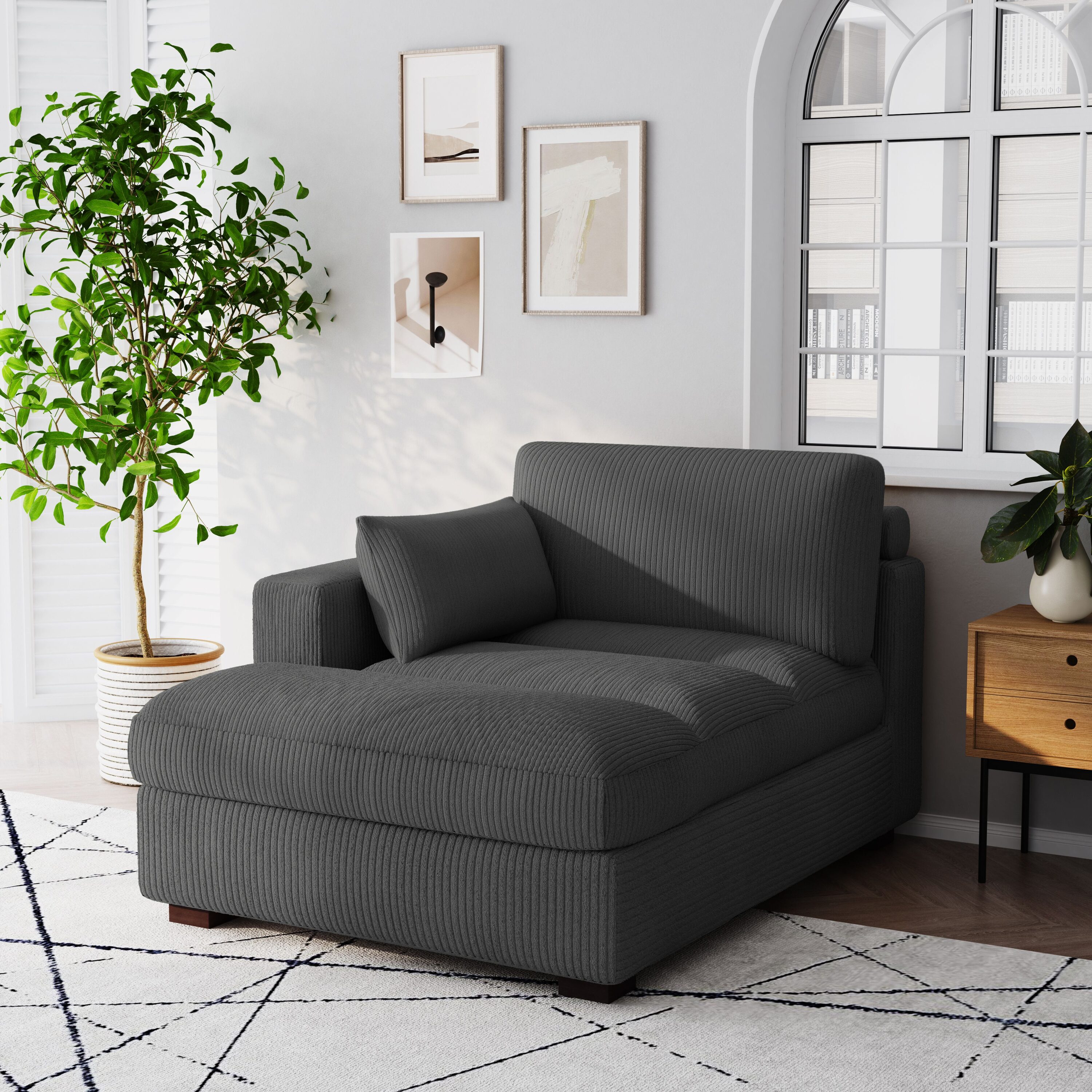 Dreamsidea Plush Upholstered Corduroy Lounge Chaise with Pillow Left Facing Gray