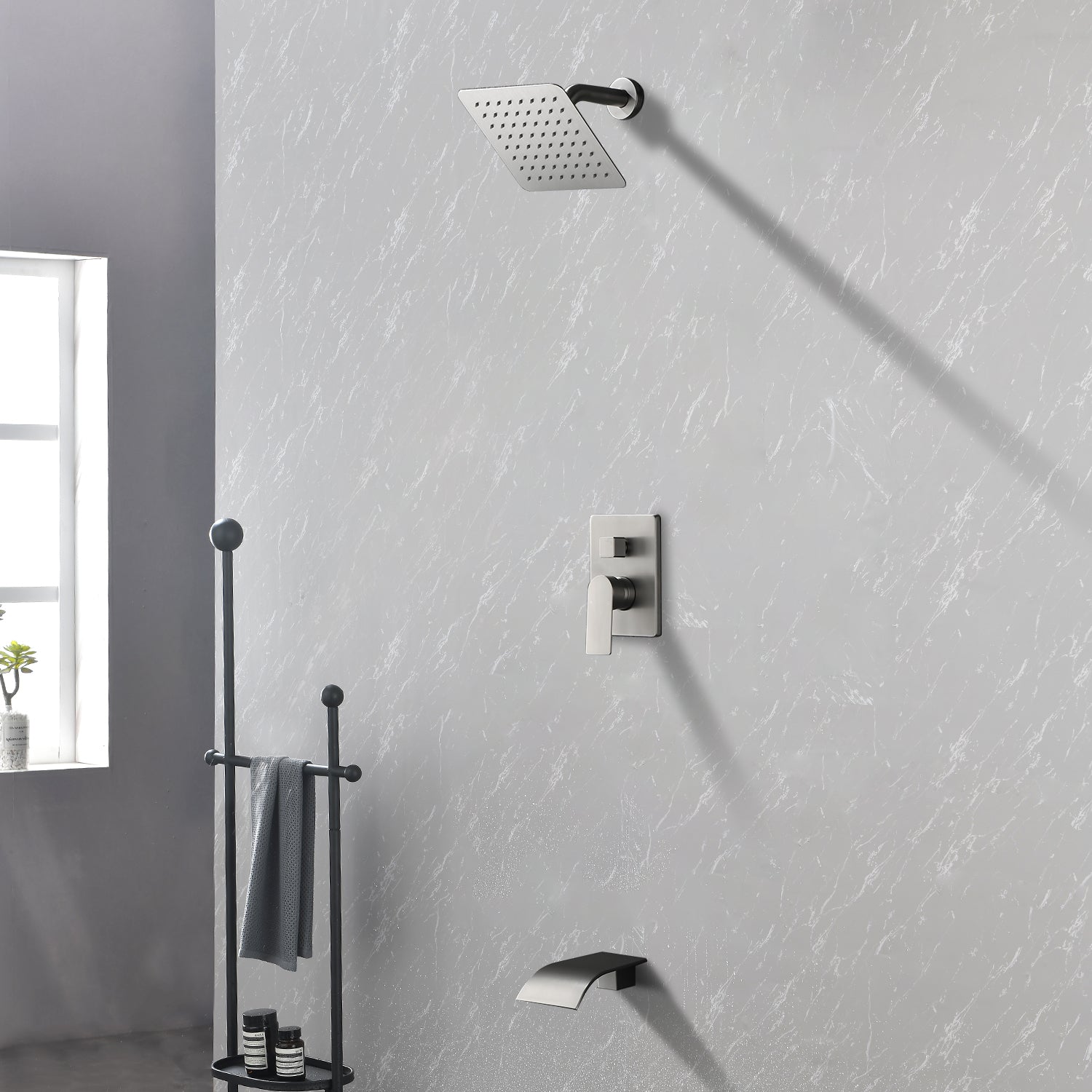 Boyel Living Single Handle 1 Spray Tub and Shower Faucet with 8 Inch Square Fixed Shower Head in Brushed Nickel Valve Included