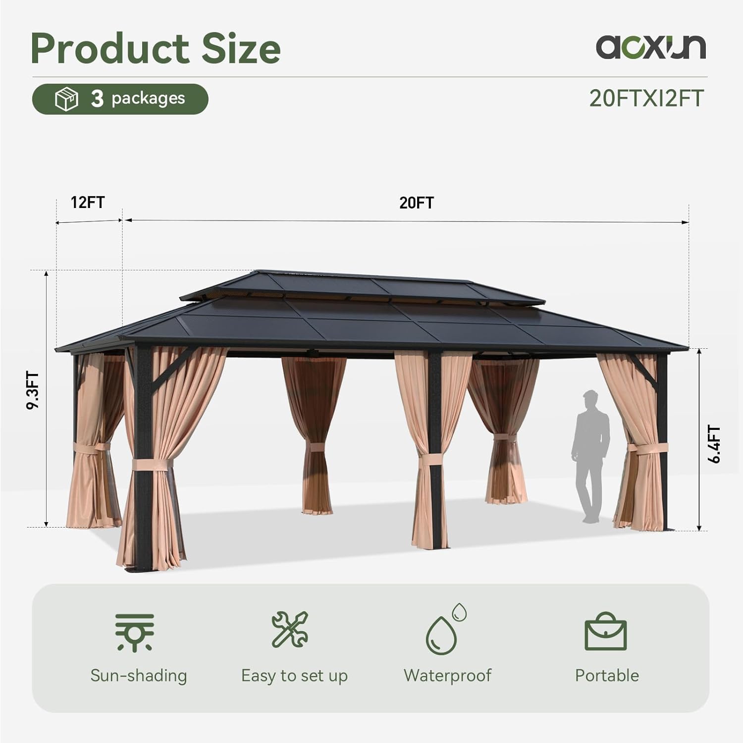 Large Rectangular Brown Aluminum Hardtop Gazebo with Curtains and Netting