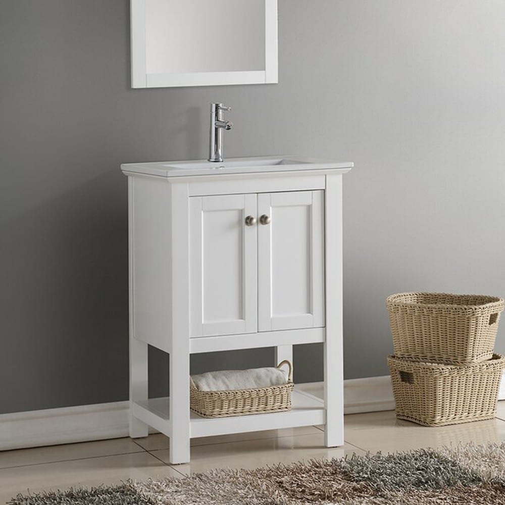 Elegant 24" White Solid Wood Freestanding Bathroom Vanity with Ceramic Sink