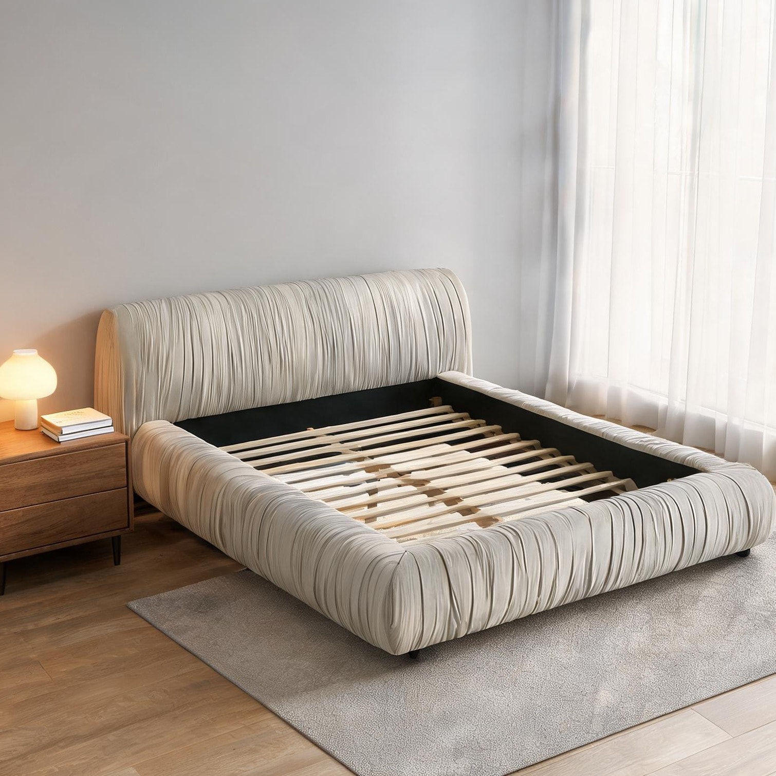 Naturefalls - Queen Platform Bed Contemporary Pleated Upholstered Frame Neutral Beige Fabric