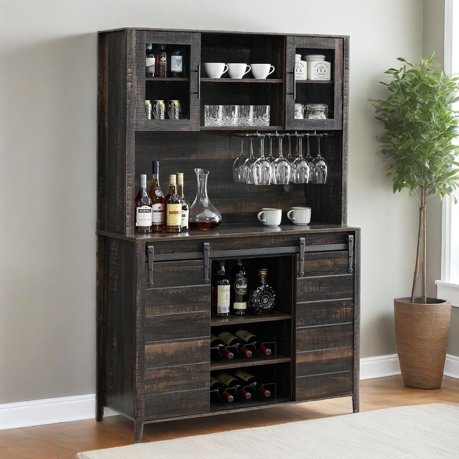 Qeetex LHF-JG-B1J37 70 Inch Tall Farmhouse Coffee Bar Cabinet Kitchen Hutch Storage with Sliding Barn Door Tall Sideboard Buffet Cabinet with Wine Rack and 12 Wine Glass Slots Rustic Coffee Bar Sideboard Table Oak