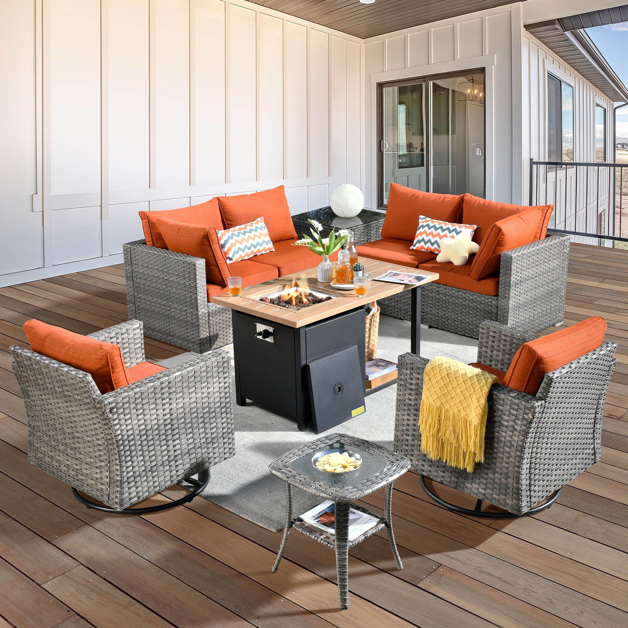 weaxty DDFPRRSGRS809 Kuuga 9 -Piece Rattan Patio Conversation Set with Orange Cushions